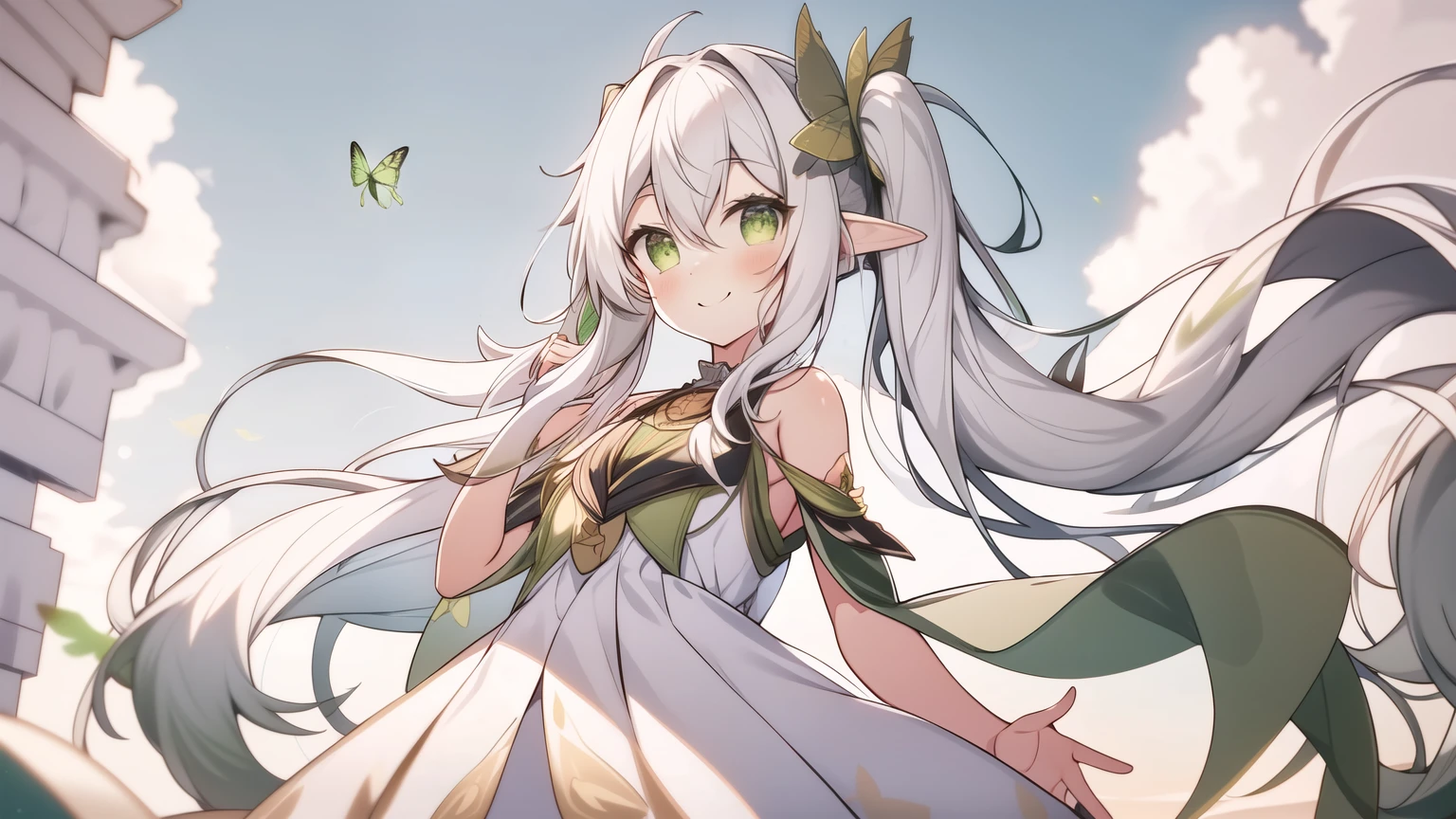 flying at the centre of the sky, bird wings on her back, smile, green eyes, nahida's eyes, solo, Nahida, (white hair), gradient hair, green hair, side ponytail, long hair, banewewegs, flat chest, long white dress, (pointy ears:0.7), CG, skybackground, masterpiece, best quality, thighs, full body, buterflies, extremely details