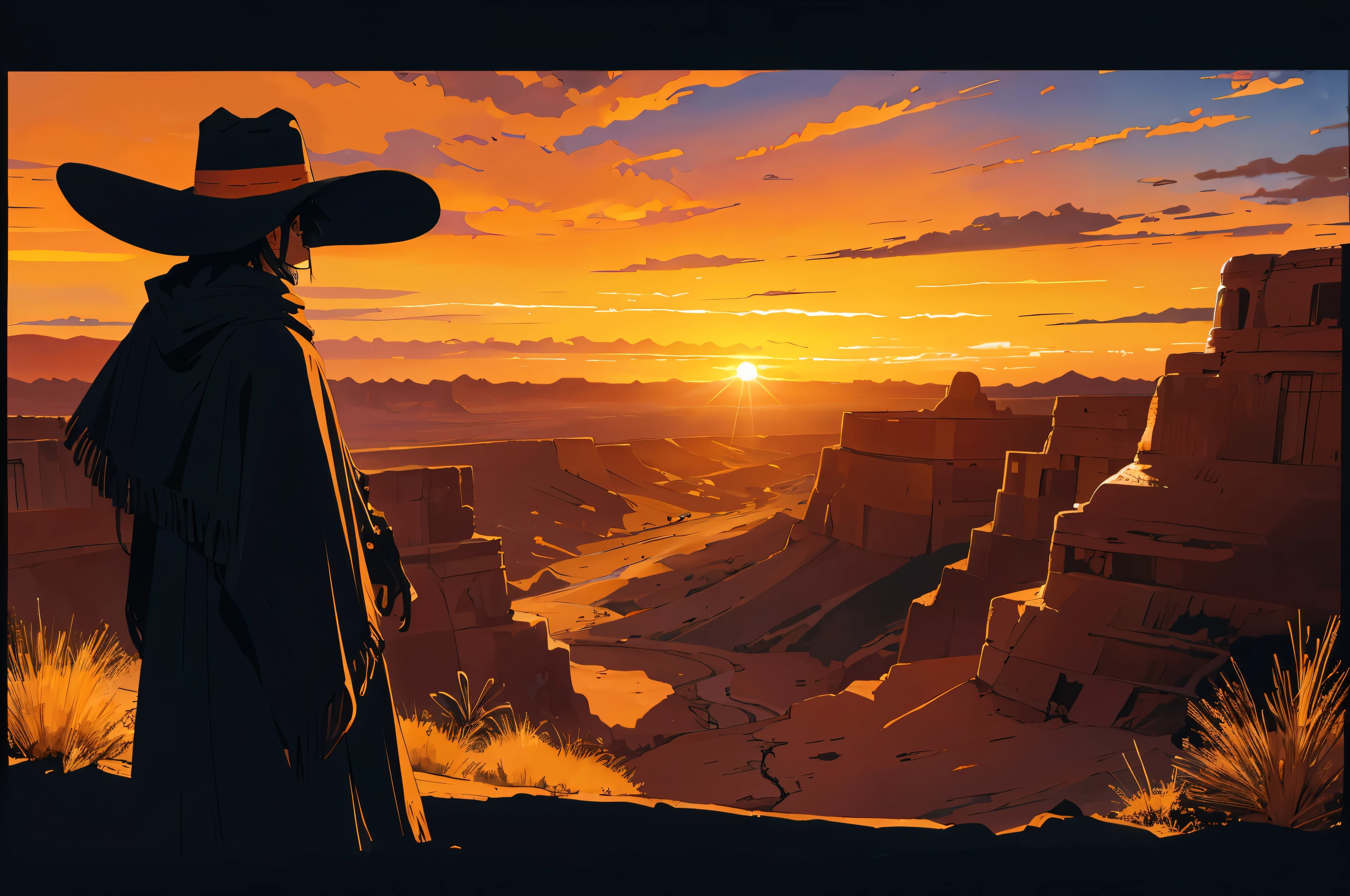 Desert canyon. Sunset, bright orange sky, black silhouette, gunslinger, wide brim hat, poncho