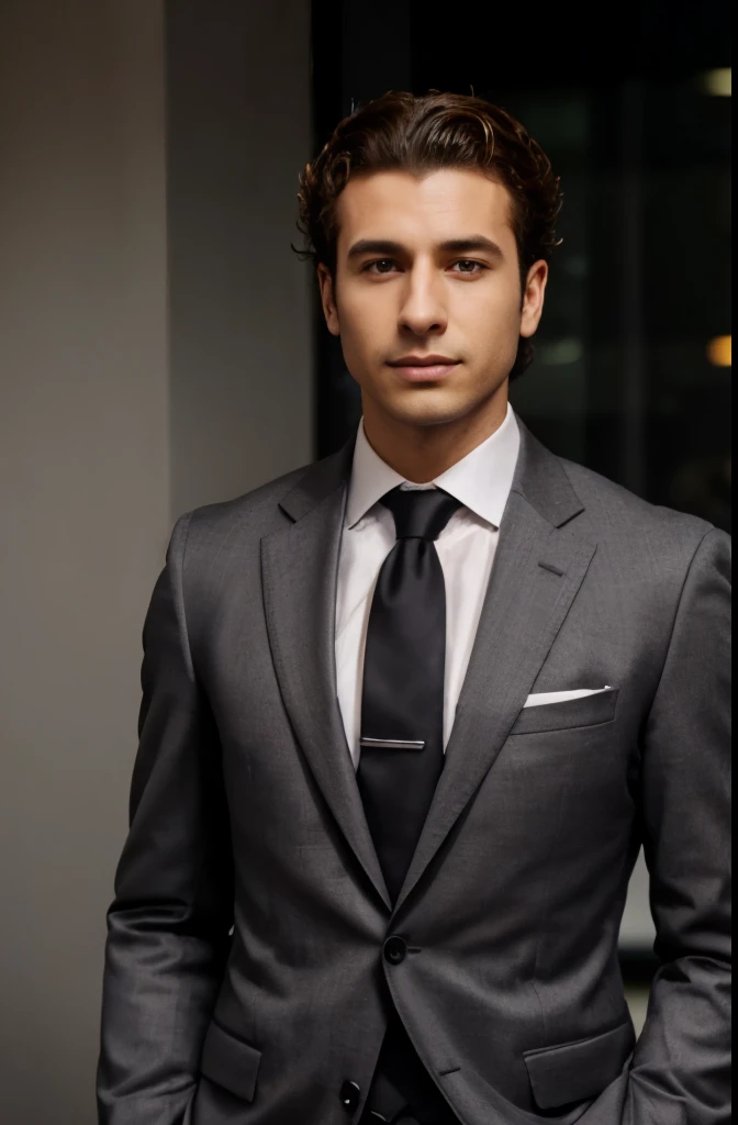 arafed man in a suit and tie posing for a picture, wearing a business suit, wearing dark grey suit, wearing grey suit, grey suit, wearing business suit, well-groomed model, wearing wool suit, wearing a stylish men's suit, short curly brown hair, young man, 23 years old,