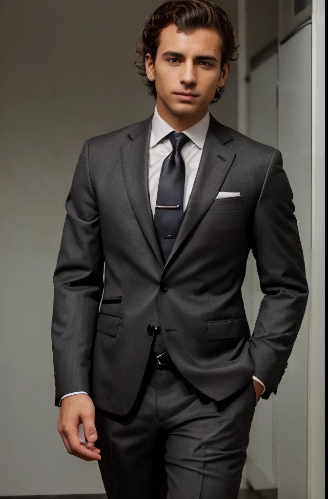 arafed man in a suit and tie posing for a picture, wearing a business suit, wearing dark grey suit, wearing grey suit, grey suit, wearing business suit, well-groomed model, wearing wool suit, wearing a stylish men's suit, short curly brown hair, young man, 23 years old,