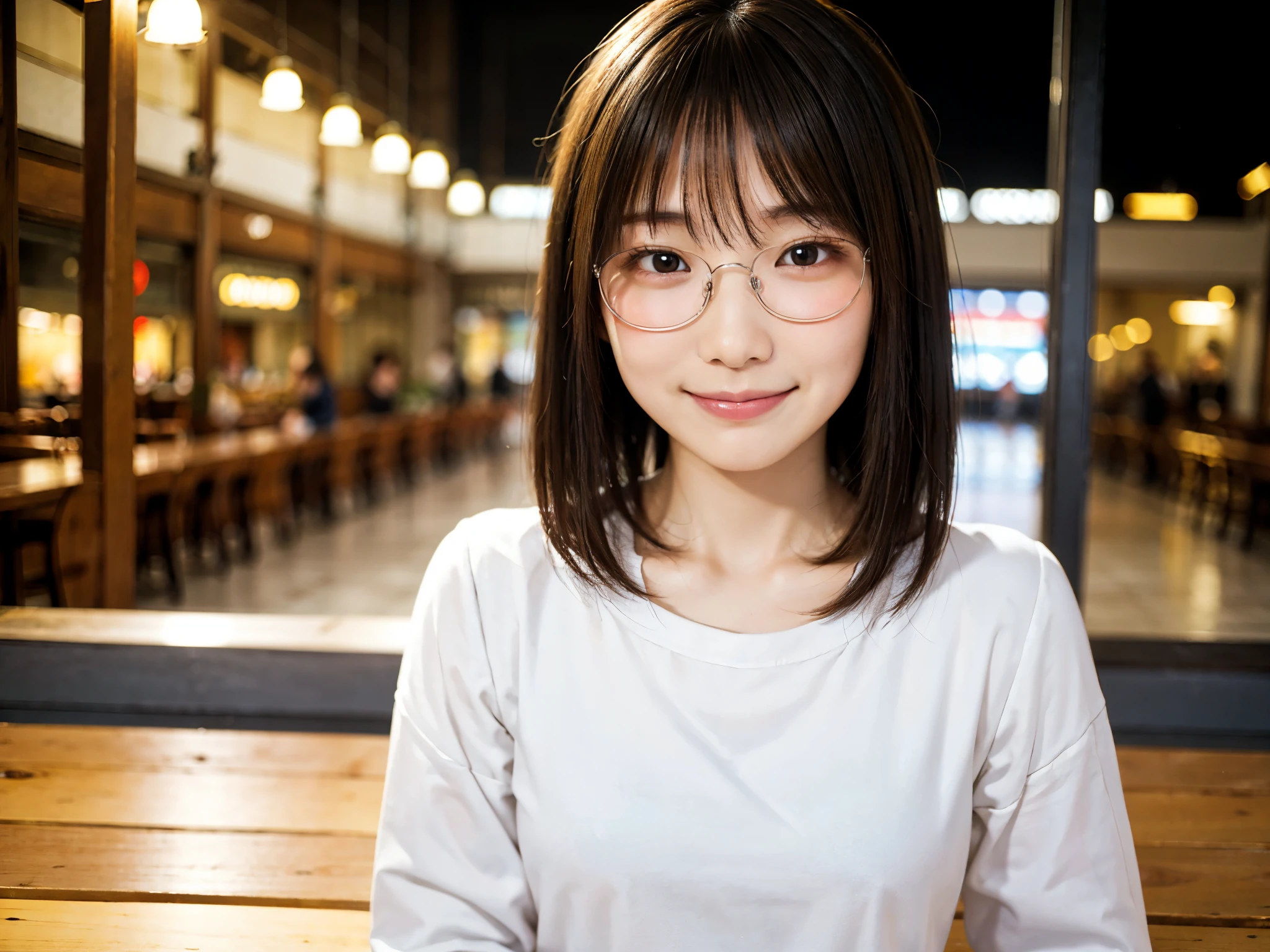 Japanese girl wearing casual clothes at the shopping mall, looking at the viewer, posing with a smile (highest quality, masterpiece))), High resolution, very detailed, masterpiece, cinematic lighting, (8K, highest quality, masterpiece: 1.2), (realistic, photorealistic: 1.37) high resolution, Super detailed, 1 girl, woman wearing glasses, thin frame round glasses, light colored glasses frames, Asian, cute, cute face, alone, short hair 1.2, rough skin, beautiful smile, beautiful detailed sky, Details cafe, night, movie lighting, Depth of the bounds written, lens flare light, sitting, On a date, (blush), (smile: 1.15), small breasts (closed your mouth), Beautiful eyes in every detail, (short hair: 1.2), floating hair nova frog style,