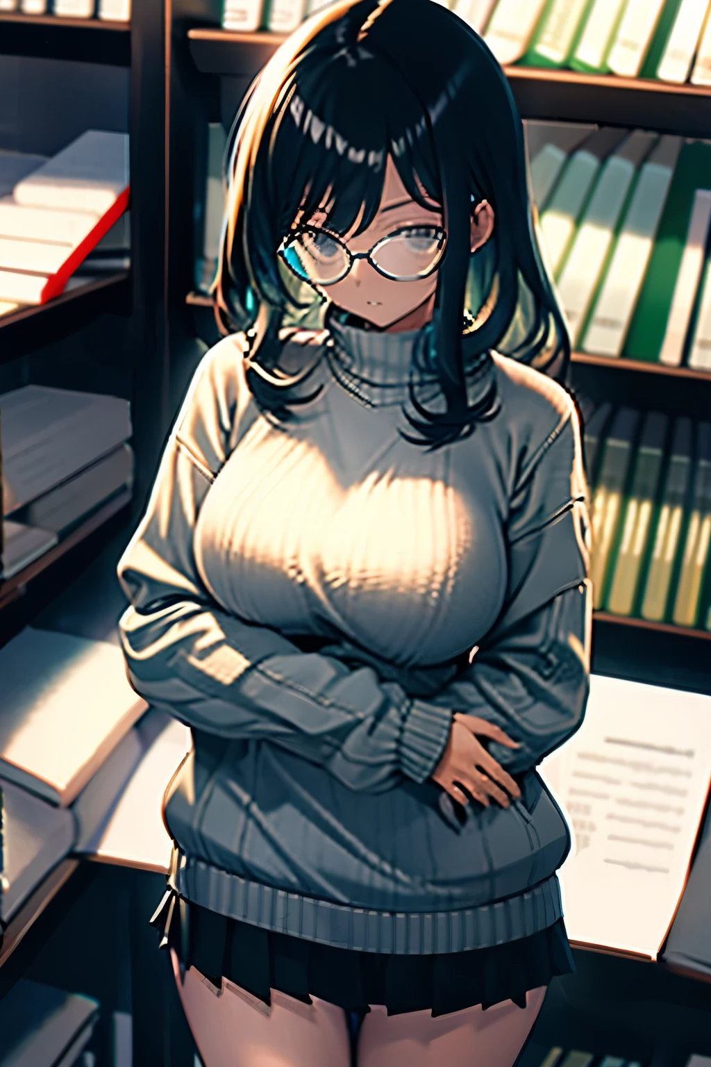 (masterpiece),(best quality), glasses, chakumomi, pov hand, breast grab, (embarrassed),sweater, in library,