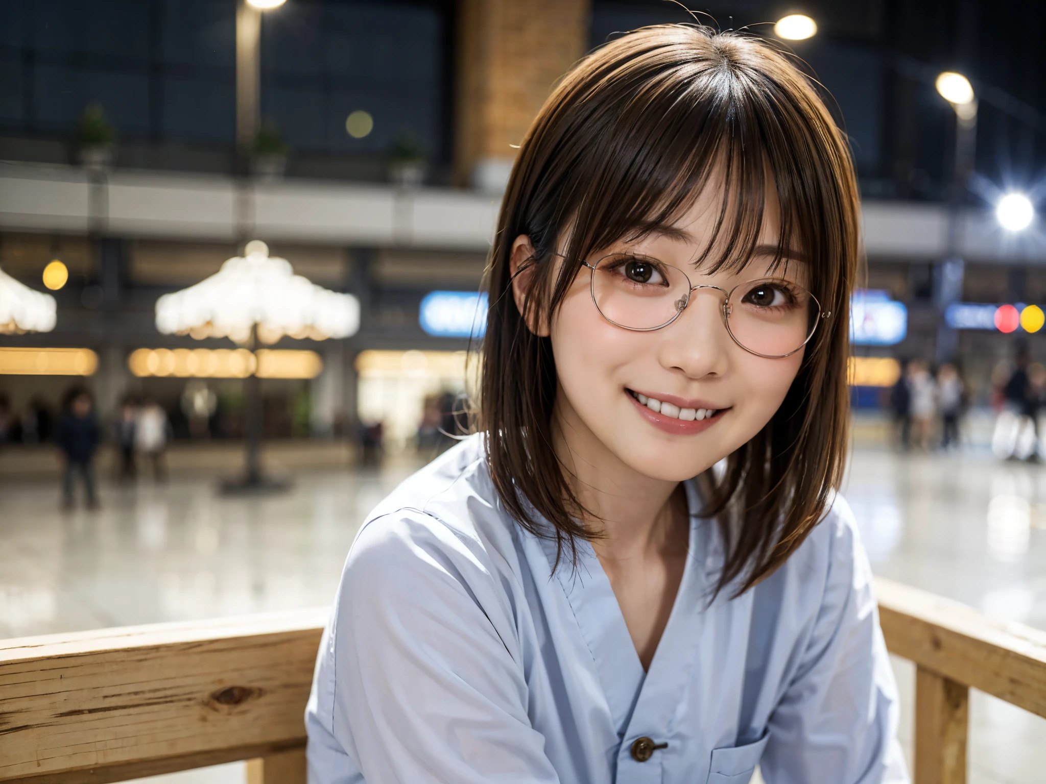 Japanese girl wearing casual clothes at the shopping mall, looking at the viewer, posing with a smile (highest quality, masterpiece))), High resolution, very detailed, masterpiece, cinematic lighting, (8K, highest quality, masterpiece: 1.2), (realistic, photorealistic: 1.37) high resolution, Super detailed, 1 girl, woman wearing glasses, thin frame round glasses, light colored glasses frames, Asian, cute, cute face, alone, short hair 1.2, rough skin, beautiful smile, beautiful detailed sky, Details cafe, night, movie lighting, Depth of the bounds written, lens flare light, sitting, On a date, (blush), (smile: 1.15), small breasts (closed your mouth), Beautiful eyes in every detail, (short hair: 1.2), floating hair nova frog style,