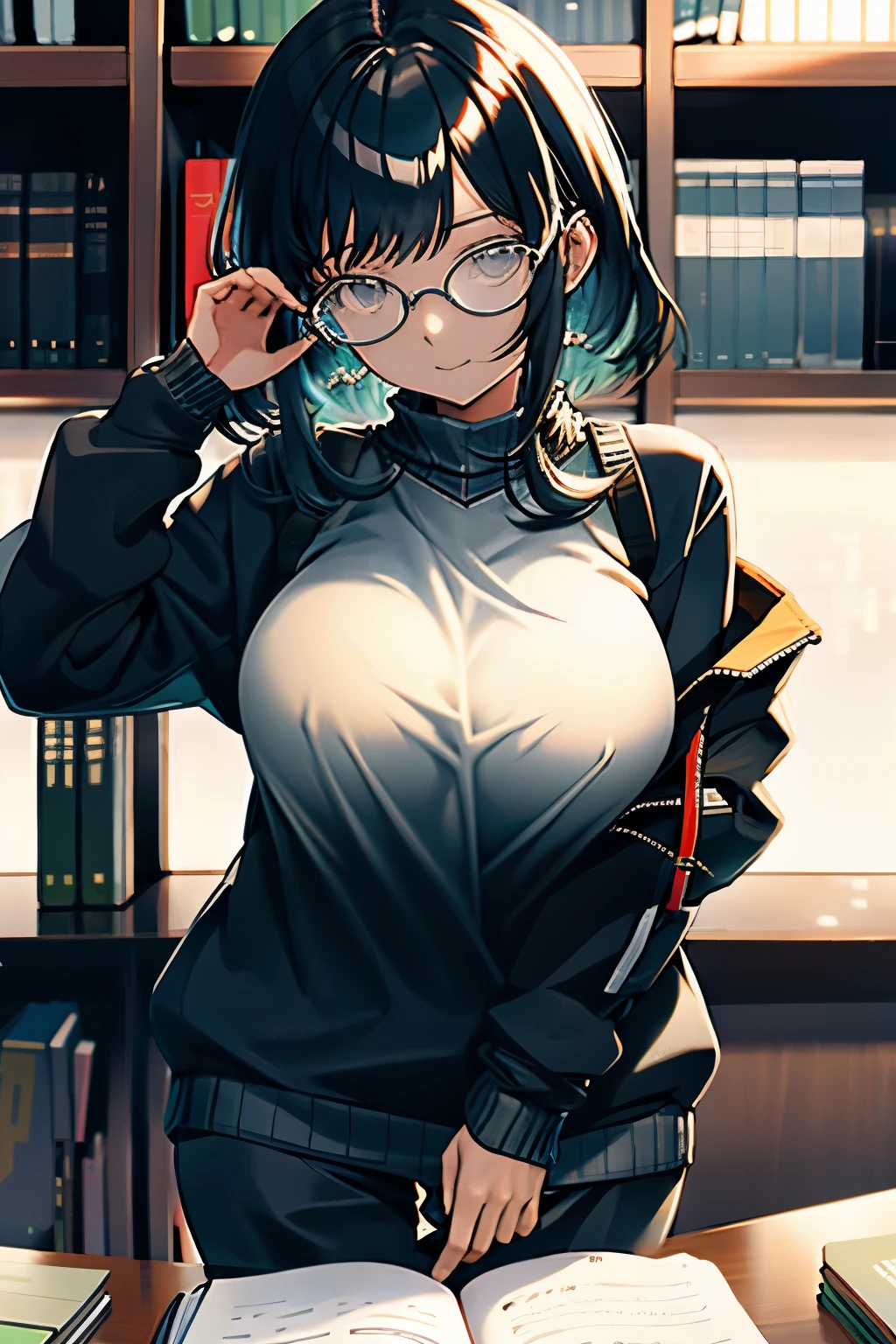 (masterpiece),(best quality), glasses, chakumomi, pov hand, breast grab, (embarrassed),sweater, in library,