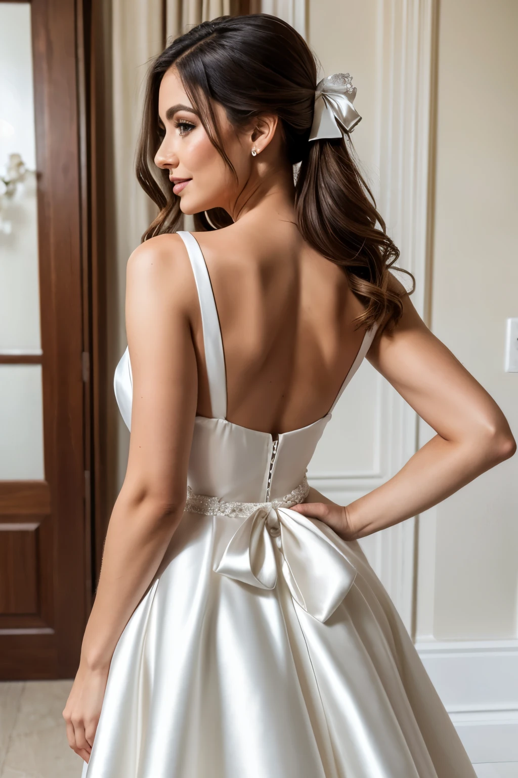 White satin dress with huge bow on the back, vestido de noiva, wedding, bride, satin and silk