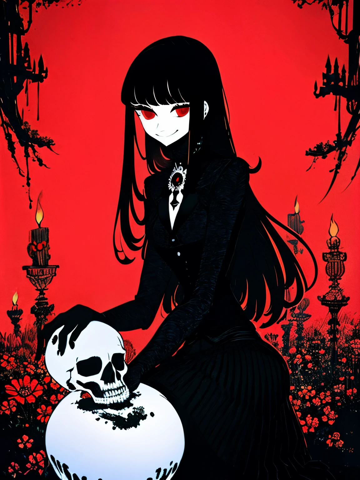 masterpiece, best quality, intricately detailed, a woman, beautiful, elegant, smile, iridescent long hair, bangs, skirt, shirt, long sleeves, frills, shoes, (red and black:1.4), flower, creepy, horror, skulls, long hair, black hair, candle, hair flower, solo, hair ornament, bone, sitting, doll, skull, skeleton,  horror (theme)