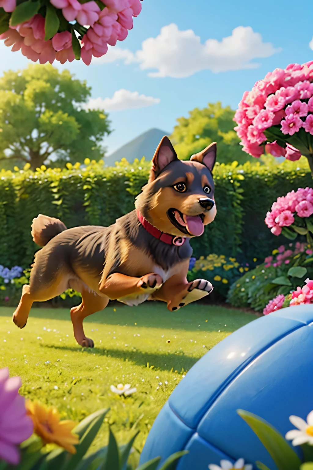 Generate a vivid and heartwarming illustration of a German Shepherd joyfully playing with a soccer ball in a vibrant, flower-filled garden. Ensure the image is in a 16:9 aspect ratio suitable for YouTube thumbnails or banners, and create it in a watercolor-style illustration. Capture the essence of the playful interaction between the dog and the ball, highlighting the pastoral beauty of the scene with the colorful blossoms in the background.
