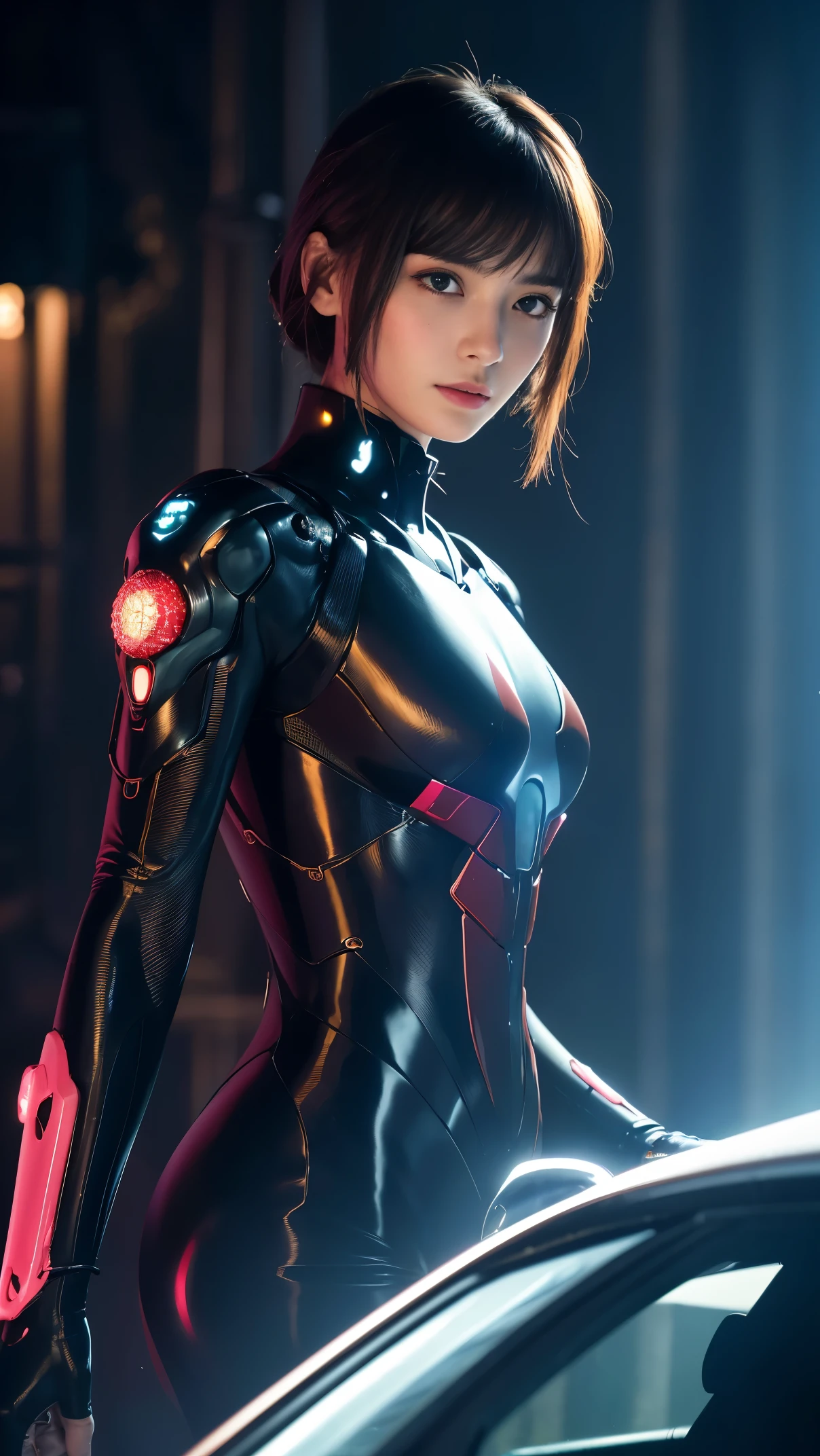of the highest quality, masutepiece, 超高分辨率, ((Photorealistic: 1.4), RAW photo, 1 Cyberpunk android girl, Glossy glossy skin, (Super realistic details)), Mechanical limbs, Tubes attached to mechanical parts, Mechanical vertebrae attached to the spine, mechanical cervical attachment to the neck, wires and cables connecting to head, Evangelion, ((Ghost in the Shell)), Small glowing lamps, globalillumination, Deep shadows, Octane rendering, 8K, ultrasharp, metal, Intricate Ornament Details, baroque detailed, highly intricate detail, Realistic light, Trends in CG, Facing the camera, neon light detail, (Background Android factory), art by H.r. Giger and Alphonse Mucha. ((19 years old))