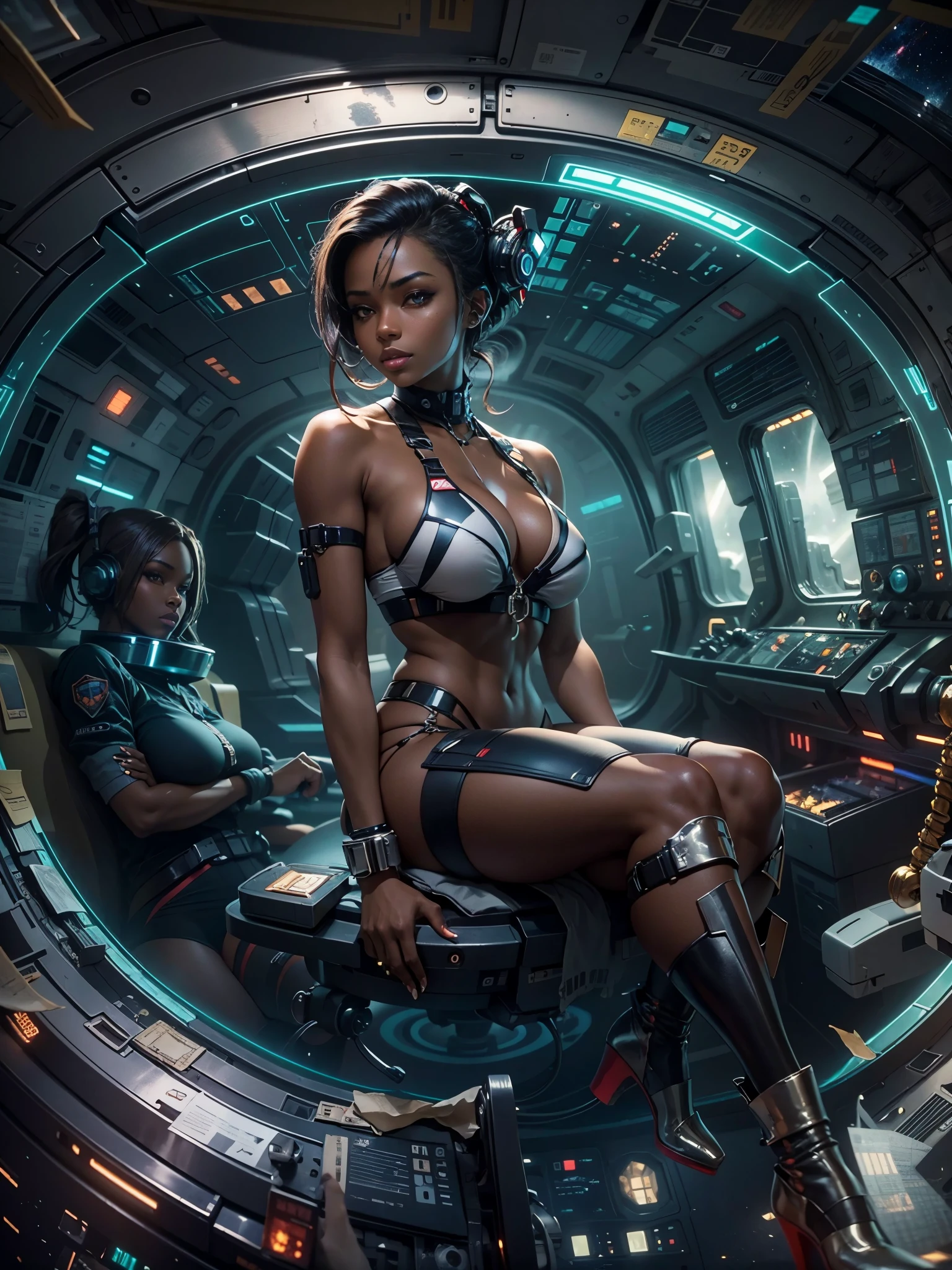 Masterpiece, art, young beautiful woman, dark skin color, flawless skin, smooth skin, very large firm breasts, perfect proportions, space captain, in destroyed spaceship, debris, hardly any light, fog, sparks, dark, gloomy, bikini outfit, in the future, anime, sexy, erotic, UHD resolution, realistic detail, realistic reflections, realistic shadows, 3D,