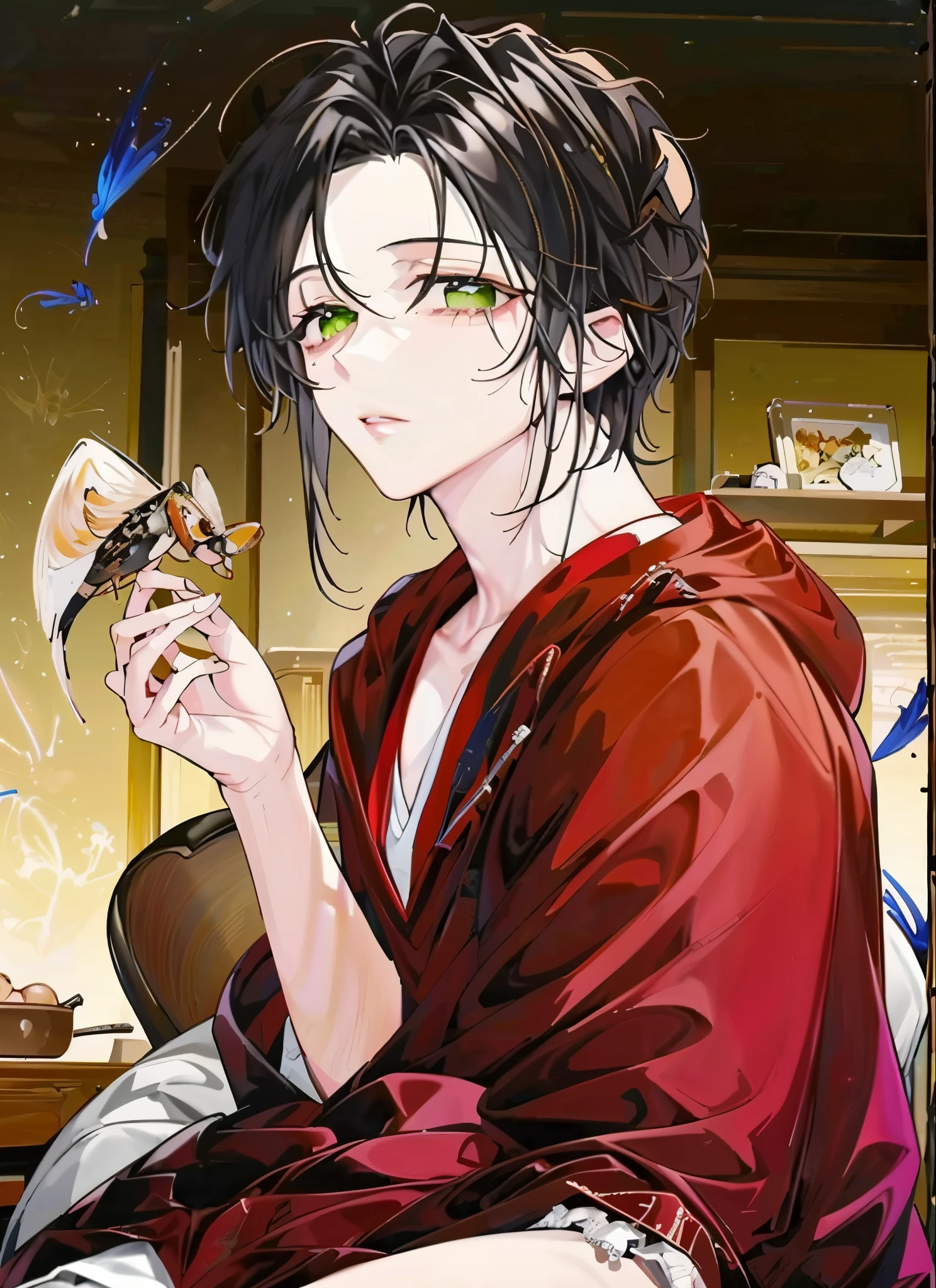 (best quality, high resolution, ultra detailed), 1 boy, teenager, with black hair and toxic green eyes, very beautiful, dressed in a traditional costume from some oriental country, the clothes have a centipede design, he is surrounded by strange insects, of all sizes, and he has a terrifying look, He seems comfortable with insects, but the atmosphere is terrifying, so he holds what appears to be a black sky