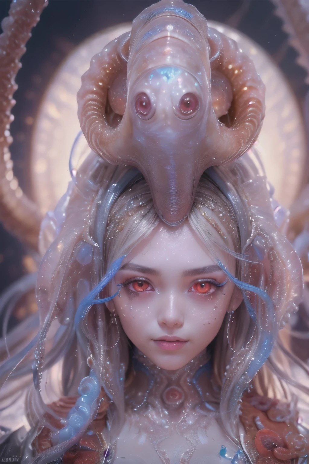 Portrait, (beautiful female alien:1.2),  (she has red eyes with no pupils:1.8), (Translucent skin:1.7),  (There is a female genital-like organ in the middle of the forehead:1.9), (The most beautiful face in the history of the universe:1.2),an evil gaze that seduces, (large mouth:1.1), (sharp teeth like a vampire:1.2), Full body portrait, (bio luminescent:1.5), (Smile wickedly:1.3),  (sexypose:1.5), alien, No humans, cells are fused, (Lots of translucent tentacles:1.3) extraterrestrial, cell, bio image, best quality, 8K,In 4K_quality, High freshness, Dramatic Lighting, masutepiece:1.5,cinematic quality, detail up, (exquisite details:1.2), high resolution, High freshness, drawing faithfully, (Thick eyebrows:1.2), Beautiful eyes with fine symmetry,(Highly detailed face and eyes:1.2), Intimate face, (Super detailed skin quality feeling:1.4), perfect anatomy,  (Beautiful toned body:1.5),  (Moist skin:1.2), not wearing makeup, (dark circles:1.1), long canines, cinematic drawing of characters, ultra high quality model, cinematic quality, detail up, (exquisite details:1.2), high resolution, High freshness, drawing faithfully, official art, Unity 8K Wall  , 8K Portrait, best quality, Very high resolution, ultra detailed artistic photography, midnight aura,  unreal enginee 5, Ultra Sharp Focus, art by alberto seveso, ArtGerm, Roisch, intricate artwork, best quality, masterpiece, ultra high resolution, (photos realistic:1.4), ultra realistic realism, dream-like,  nautilus, Creation of fantasy, Snail, Dream Snail, (biopunk nautilus:1.3), Thrilling color schemes， ultra realistic realism， seductively smiling, Blue tentacles,