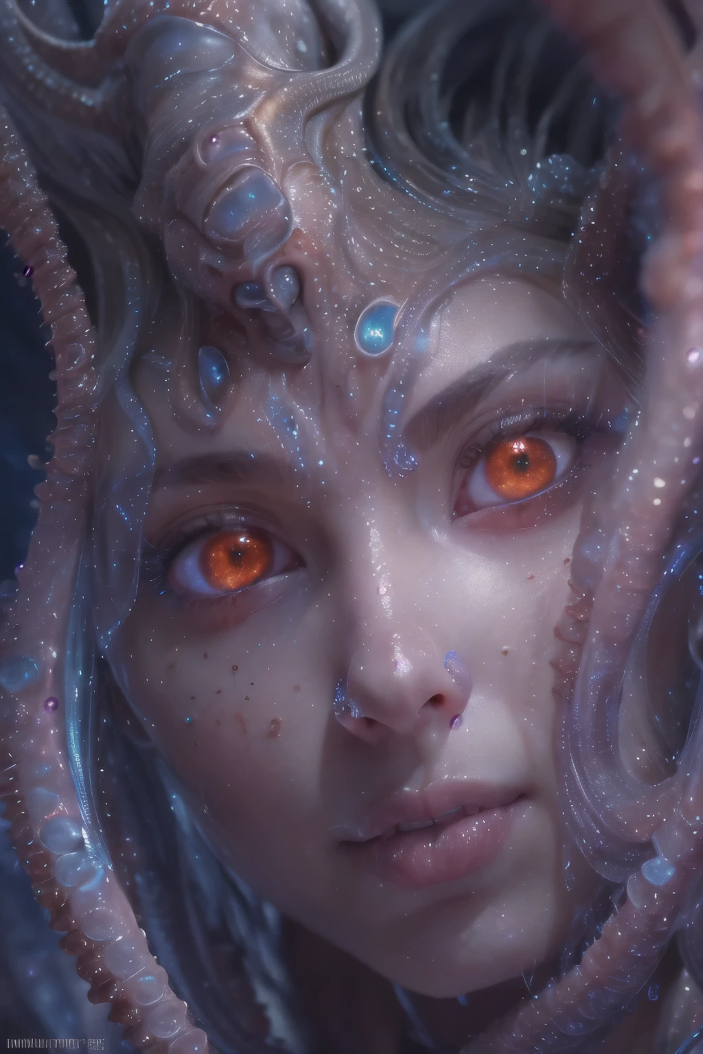 Portrait, (beautiful female alien:1.2), (she has red eyes with no pupils:1.8), (Translucent skin:1.7), (There is a female genital-like organ in the middle of the forehead:1.9), (The most beautiful face in the history of the universe:1.2),an evil gaze that seduces, (large mouth:1.1), (sharp teeth like a vampire:1.2), Full body portrait, (bio luminescent:1.5), (Smile wickedly:1.3), (sexypose:1.5), alien, No humans, cells are fused, (Lots of translucent tentacles:1.3) extraterrestrial, cell, bio image, best quality, 8K,In 4K_quality, High freshness, Dramatic Lighting, masutepiece:1.5,cinematic quality, detail up, (exquisite details:1.2), high resolution, High freshness, drawing faithfully, (Thick eyebrows:1.2), Beautiful eyes with fine symmetry,(Highly detailed face and eyes:1.2), Intimate face, (Super detailed skin quality feeling:1.4), perfect anatomy, (Beautiful toned body:1.5), (Moist skin:1.2), not wearing makeup, (dark circles:1.1), long canines, cinematic drawing of characters, ultra high quality model, cinematic quality, detail up, (exquisite details:1.2), high resolution, High freshness, drawing faithfully, official art, Unity 8K Wall , 8K Portrait, best quality, Very high resolution, ultra detailed artistic photography, midnight aura, unreal enginee 5, Ultra Sharp Focus, art by alberto seveso, ArtGerm, Roisch, intricate artwork, best quality, masterpiece, ultra high resolution, (photos realistic:1.4), ultra realistic realism, dream-like, nautilus, Creation of fantasy, Snail, Dream Snail, (biopunk nautilus:1.3), Thrilling color schemes, ultra realistic realism, seductively smiling, Blue tentacles,