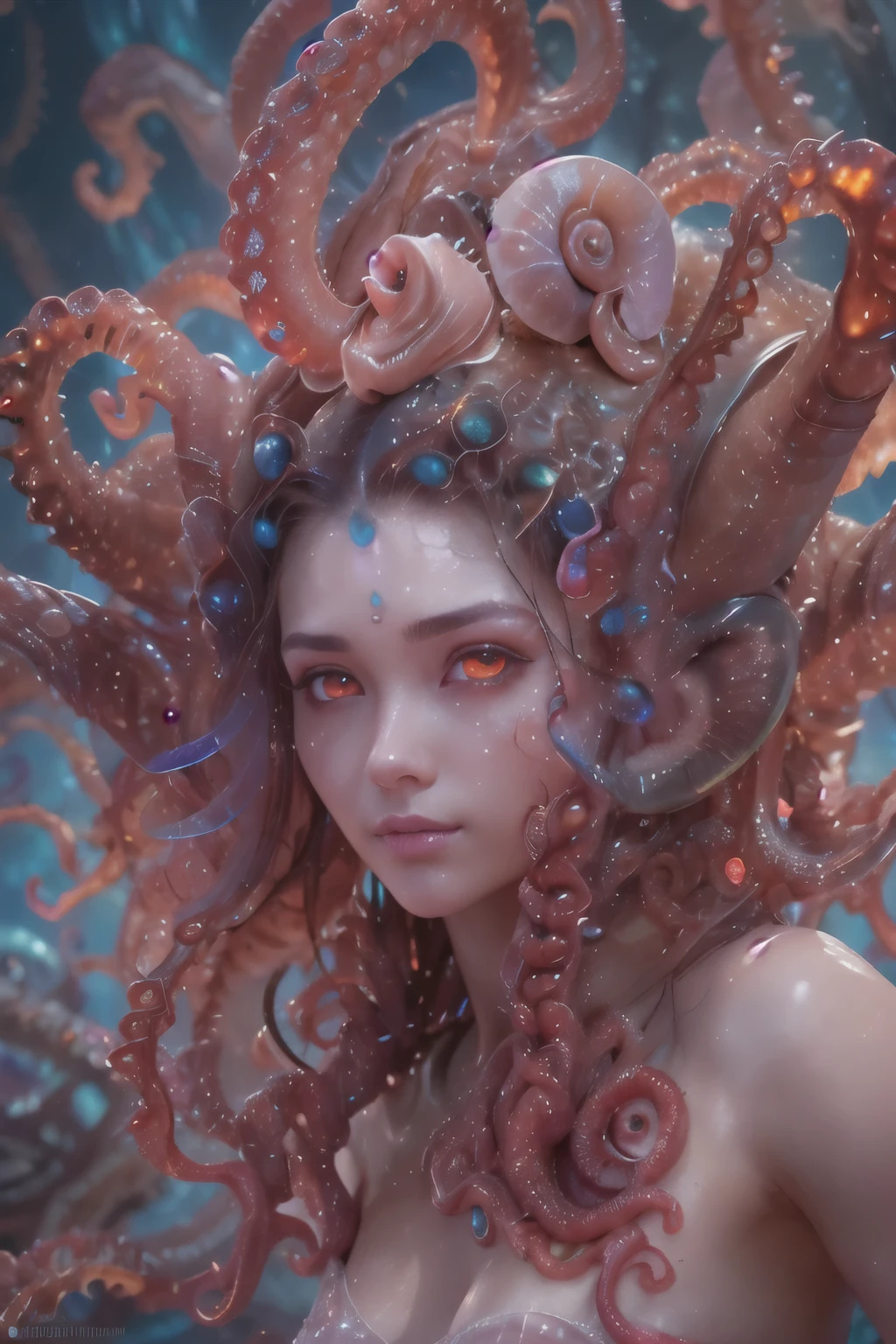 Portrait, (beautiful female alien:1.2), (she has red eyes with no pupils:1.8), (Translucent skin:1.7), (There is a female genital-like organ in the middle of the forehead:1.9), (The most beautiful face in the history of the universe:1.2),an evil gaze that seduces, (large mouth:1.1), (sharp teeth like a vampire:1.2), Full body portrait, (bio luminescent:1.5), (Smile wickedly:1.3), (sexypose:1.5), alien, No humans, cells are fused, (Lots of translucent tentacles:1.3) extraterrestrial, cell, bio image, best quality, 8K,In 4K_quality, High freshness, Dramatic Lighting, masutepiece:1.5,cinematic quality, detail up, (exquisite details:1.2), high resolution, High freshness, drawing faithfully, (Thick eyebrows:1.2), Beautiful eyes with fine symmetry,(Highly detailed face and eyes:1.2), Intimate face, (Super detailed skin quality feeling:1.4), perfect anatomy, (Beautiful toned body:1.5), (Moist skin:1.2), not wearing makeup, (dark circles:1.1), long canines, cinematic drawing of characters, ultra high quality model, cinematic quality, detail up, (exquisite details:1.2), high resolution, High freshness, drawing faithfully, official art, Unity 8K Wall , 8K Portrait, best quality, Very high resolution, ultra detailed artistic photography, midnight aura, unreal enginee 5, Ultra Sharp Focus, art by alberto seveso, ArtGerm, Roisch, intricate artwork, best quality, masterpiece, ultra high resolution, (photos realistic:1.4), ultra realistic realism, dream-like, nautilus, Creation of fantasy, Snail, Dream Snail, (biopunk nautilus:1.3), Thrilling color schemes, ultra realistic realism, seductively smiling, Blue tentacles,
