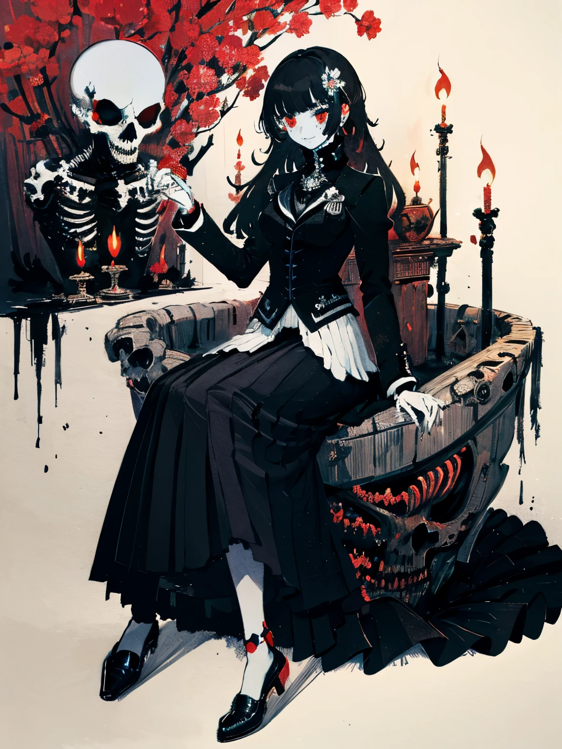 masterpiece, best quality, intricately detailed, a woman, beautiful, elegant, smile, iridescent long hair, bangs, skirt, shirt, long sleeves, frills, shoes, (red and black:1.4), flower, creepy, horror, skulls, long hair, black hair, candle, hair flower, solo, hair ornament, bone, sitting, doll, skull, skeleton,  horror (theme)