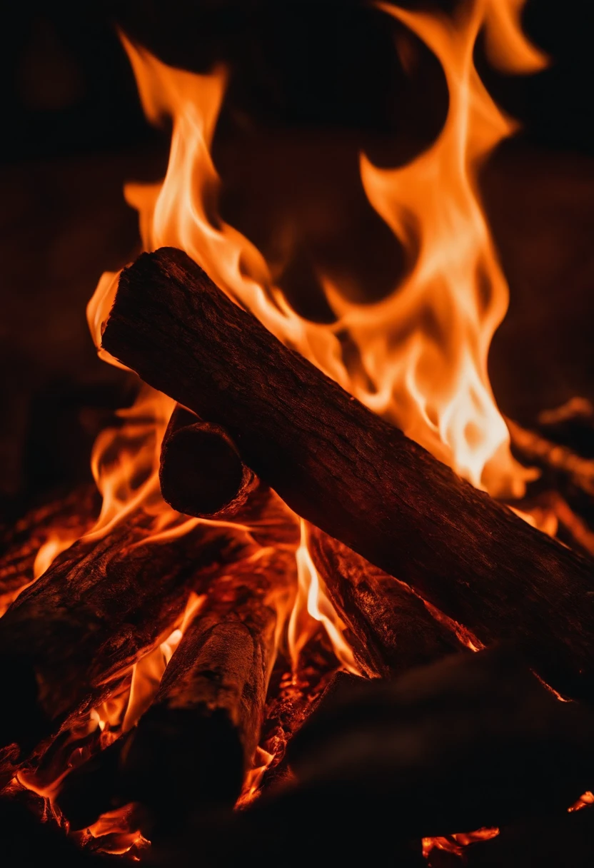a close-up shot of the flames in a bonfire, emphasizing the vibrant colors, intricate patterns, and the mesmerizing dance of the fire