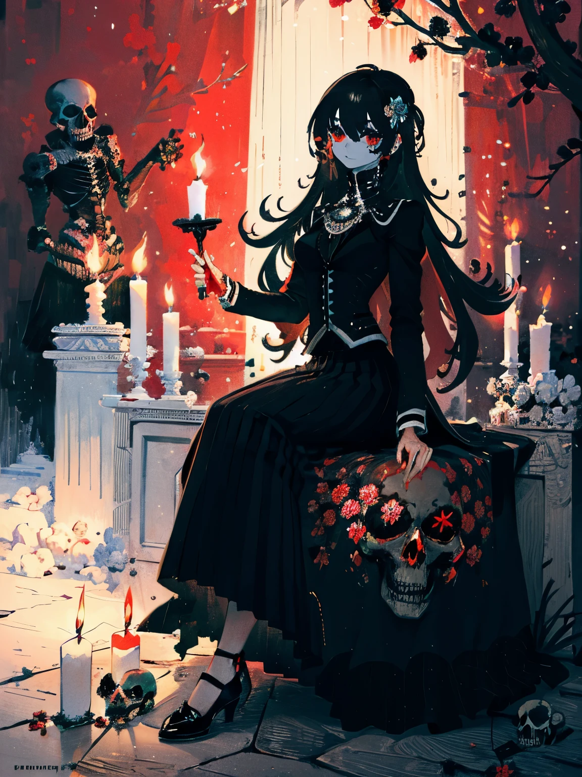 masterpiece, best quality, intricately detailed, a woman, beautiful, elegant, smile, iridescent long hair, bangs, skirt, shirt, long sleeves, frills, shoes, (red and black:1.4), flower, creepy, horror, skulls, long hair, black hair, candle, hair flower, solo, hair ornament, bone, sitting, doll, skull, skeleton,  horror (theme)