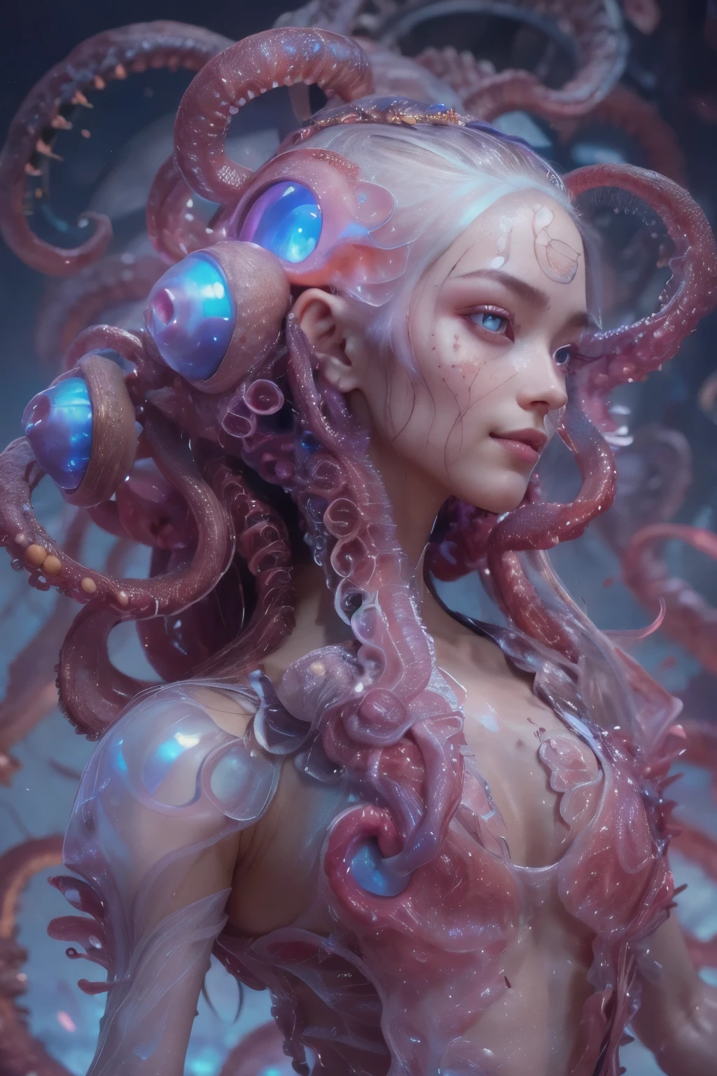 Portrait, (beautiful female alien:1.2), (she has red eyes with no pupils:1.8), (Translucent skin:1.7), (There is a female genital-like organ in the middle of the forehead..:1.9), (The most beautiful face in the history of the universe:1.2),an evil gaze that seduces, (large mouth:1.1), (sharp teeth like a vampire:1.2), Full body portrait, (bio luminescent:1.5), (Smile wickedly:1.3), (sexypose:1.5), alien, No humans, cells are fused, (Lots of translucent tentacles:1.3) extraterrestrial, cell, bio image, best quality, 8K,In 4K_quality, High freshness, Dramatic Lighting, masutepiece:1.5,cinematic quality, detail up, (exquisite details:1.2), high resolution, High freshness, drawing faithfully, (Thick eyebrows:1.2), Beautiful eyes with fine symmetry,(Highly detailed face and eyes:1.2), Intimate face, (Super detailed skin quality feeling:1.4), perfect anatomy, (Beautiful toned body:1.5), (Moist skin:1.2), not wearing makeup, (dark circles:1.1), long canines, cinematic drawing of characters, ultra high quality model, cinematic quality, detail up, (exquisite details:1.2), high resolution, High freshness, drawing faithfully, official art, Unity 8K Wall , 8K Portrait, best quality, Very high resolution, ultra detailed artistic photography, midnight aura, unreal enginee 5, Ultra Sharp Focus, art by alberto seveso, ArtGerm, Roisch, intricate artwork, best quality, masutepiece, ultra high resolution, (photos realistic:1.4), ultra realistic realism, dream-like, nautilus, Creation of fantasy, Snail, Dream Snail, biopunk nautilus, Thrilling color schemes, ultra realistic realism, seductively smiling, Blue tentacles,