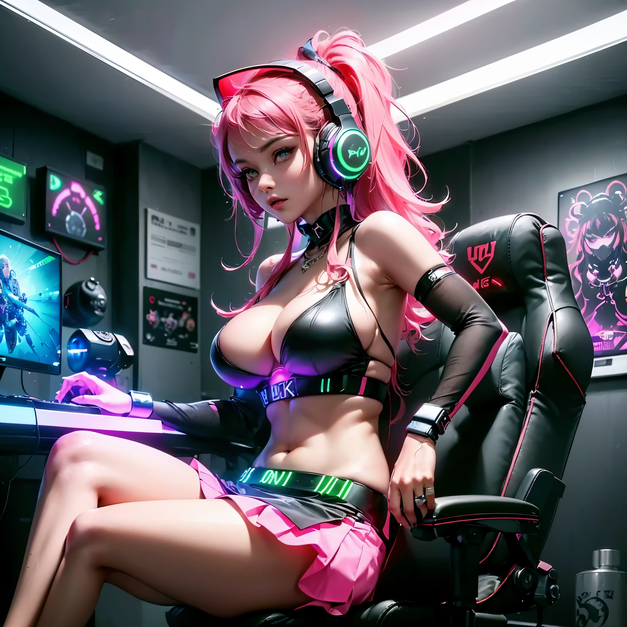 (beautifull gamer lady, looking to the computer, wearing headphone, sit on luxury gaming chair, wearing dress, mini sport neon bra and neon mini skirt, expensive gaming room, full of gaming tools, from front view, neon flex on the wall, lamp off, expensive gaming pc on gaming desk,(show cleaveage), beautifull face, beautifull eyes, beautifull nose, sexy lips, raytracing, nsfw, beautifull fingers, beautifull hands, sexy belly, sexy body, sexy shoulders, sexy legs, sexy hips, (luxury bracelet), (luxury ring), (luxury necklace), white skin, (4 fingers in 1 hand), full body picture, pretty makeup, good lighting, realistic shadow, professional photography, blue color scheme, 2k resolution, perfect anatomy, make the atmosphere in room looks intense, make the room looks very expensive, masterpiece, best quality:1.2),,(8k,highres,RAW photo,realistic,photo-realistic:1.3),(detailed skin texture,detailed cloth texture,beautiful detailed face:1.25),professional lighting,photon mapping,beautiful soft light,radiosity,physically-based rendering,raytracing, model shoot style, model shoot style, (extremely detailed CG unity 8k wallpaper), full shot body photo of the most beautiful artwork in the world,