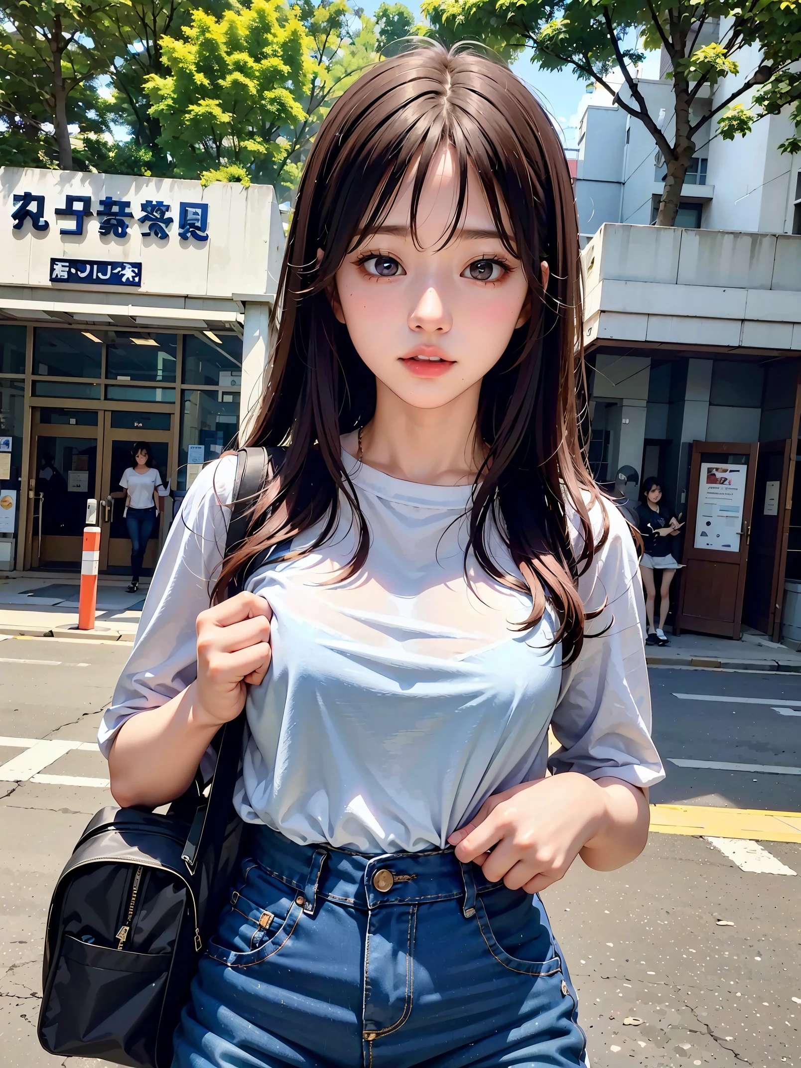 masterpiece、High resolution、fine skin、fine eyes、high school girl、Outside the school building、exchange greetings、casual clothes、wearing jeans、sweating