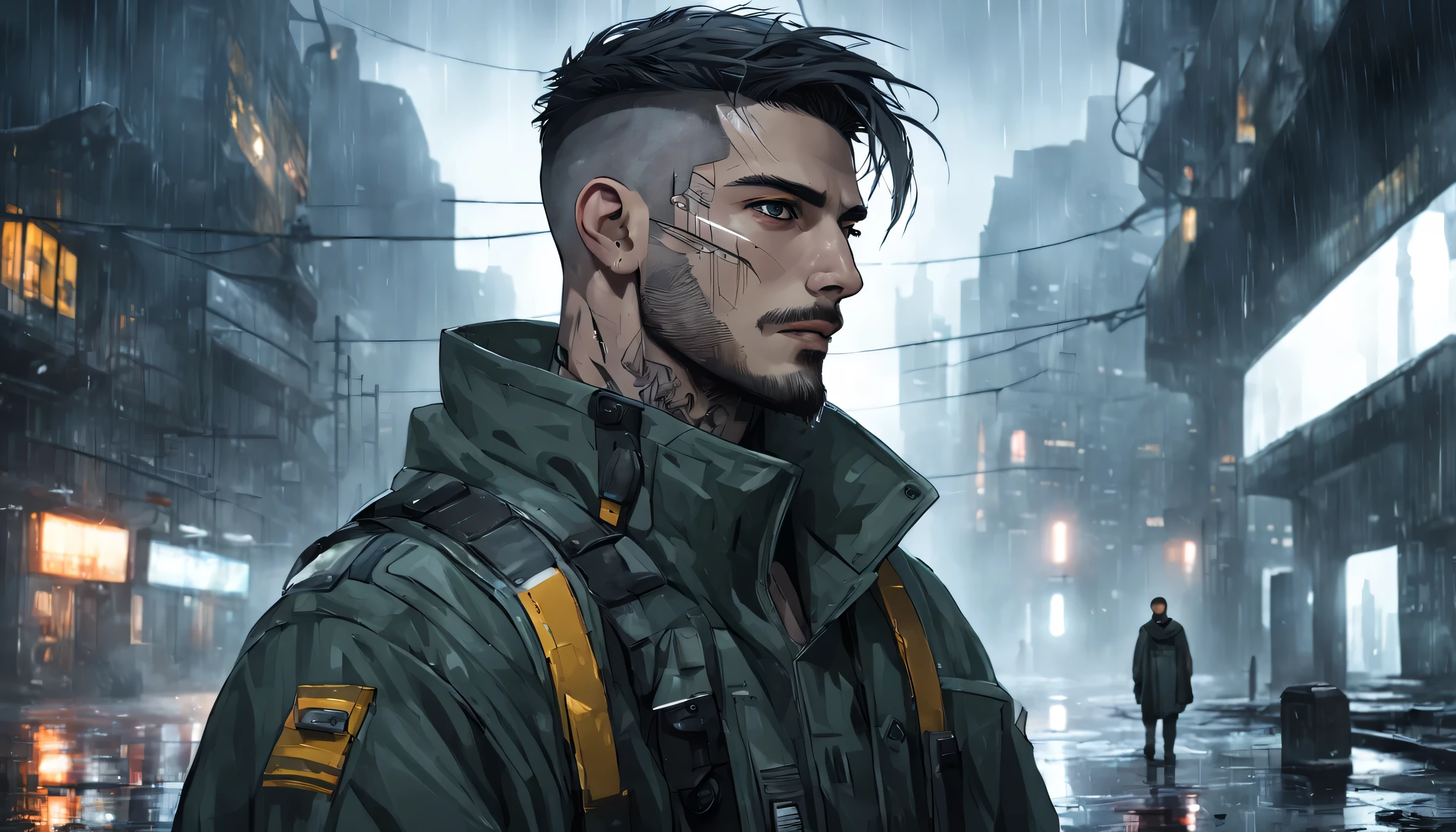 portrait of a (realistic) mysterious student is named (Antonio)) strong, military type man, ((masculine)), wears baggy clothes, has a small beard, ((thick neck)), big, buzz cut hair, many scars on face, in very dark abandoned futuristic city, rainy night