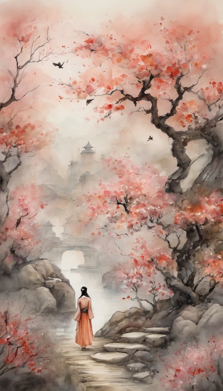 ink painting,Chinese style,There is a peach blossom forest in the distance,Close shot of an woman and a robot admiring flowers