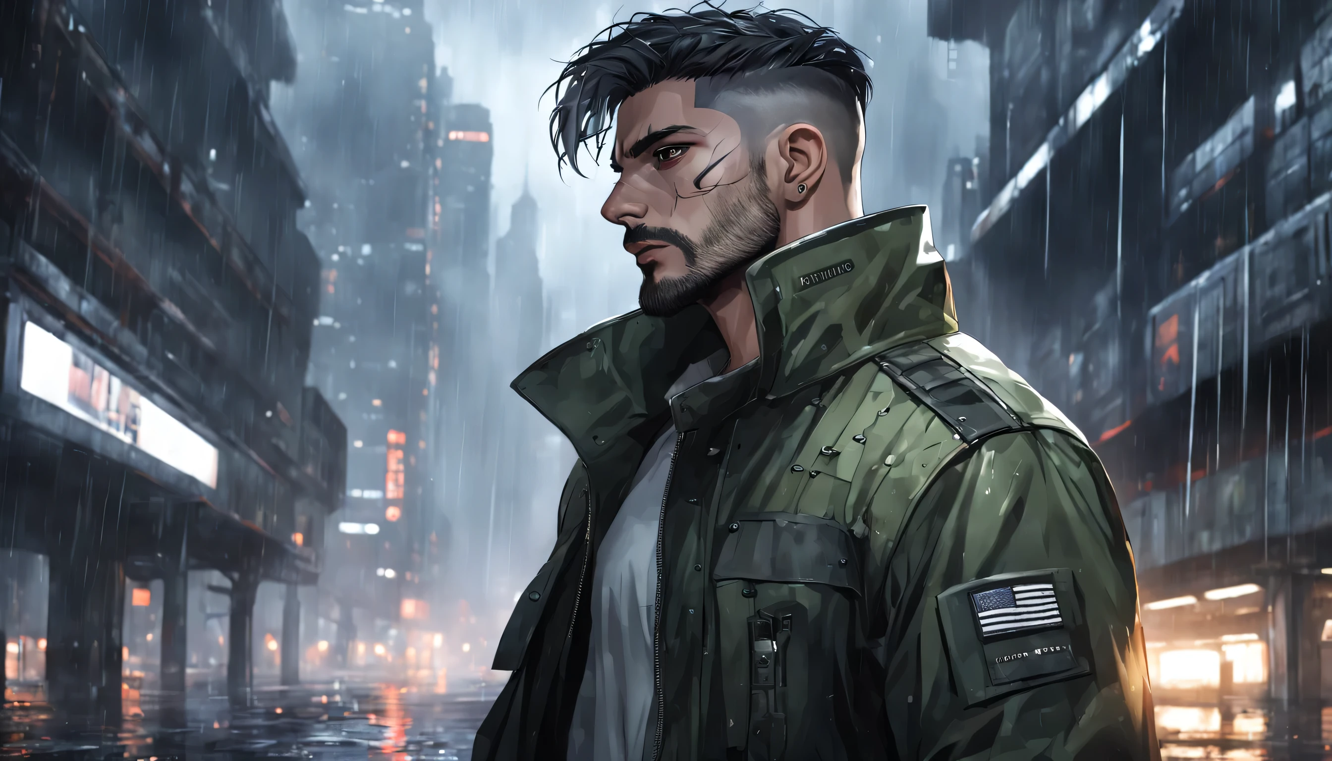 portrait of a (realistic) mysterious student is named (Antonio)) strong, military type man, ((masculine)), wears baggy clothes, has a small beard, ((thick neck)), big, buzz cut hair, many scars on face, in very dark abandoned futuristic city, rainy night
