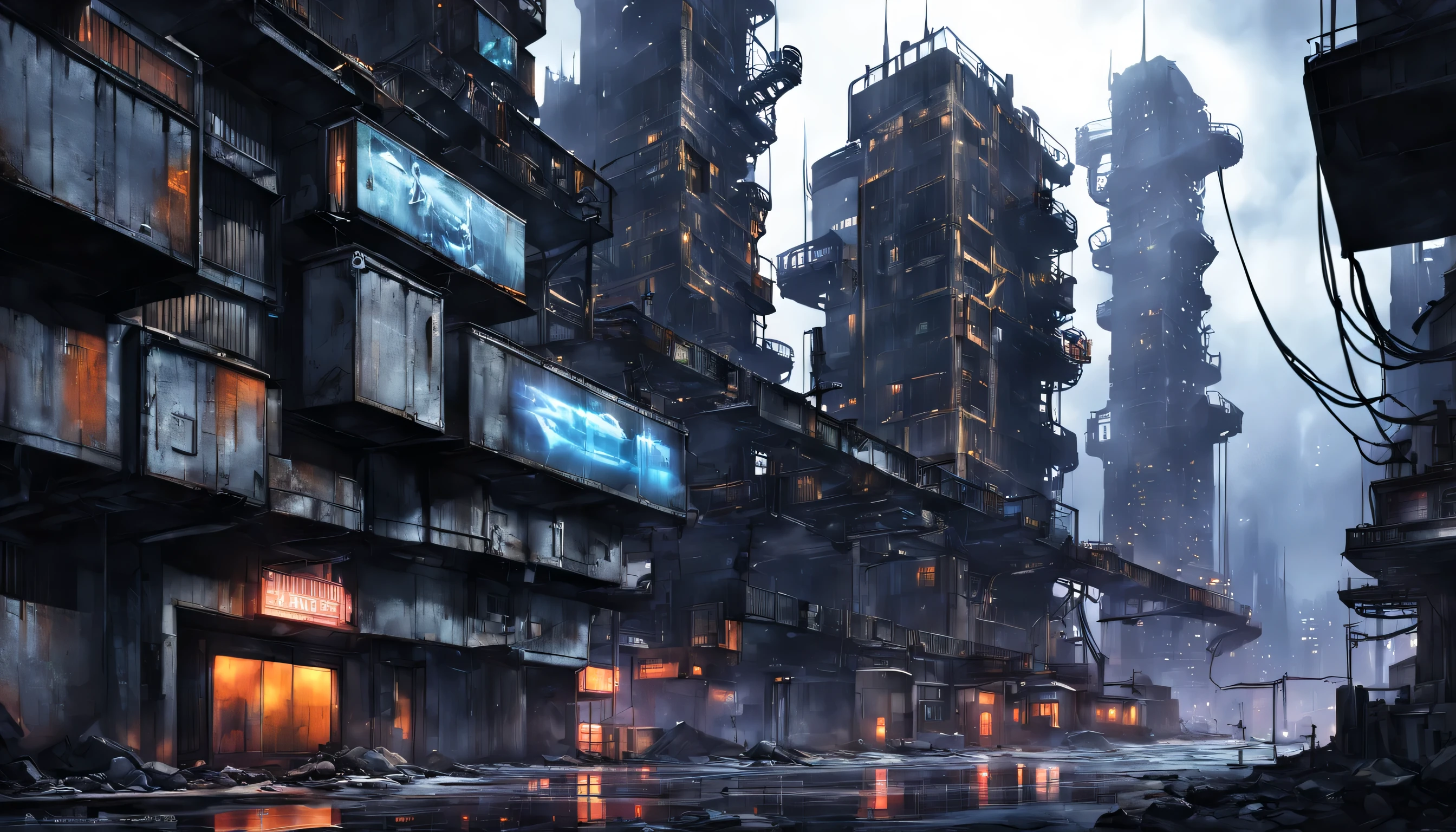 (best quality,highres,ultra-detailed:1.2),dark futuristic city,neon lights,sci-fi architecture,hovering vehicles,shadows,glowing signs,abandoned buildings,artificial intelligence,grim atmosphere,post-apocalyptic,nighttime,industrial,metropolis,steel structures,high-rise buildings,streets,alleys,steam rising,desolate,ominous,technology,advanced,moody lighting,mystery,contrast,vivid colors,night sky,reflection,urban,gritty,haunting,unsettling,urban decay,otherworldly,quiet streets,uninhabited,isolated,lonely,empty,transcendent,vibrant city life,megacity,bleak,concrete jungle,unreal