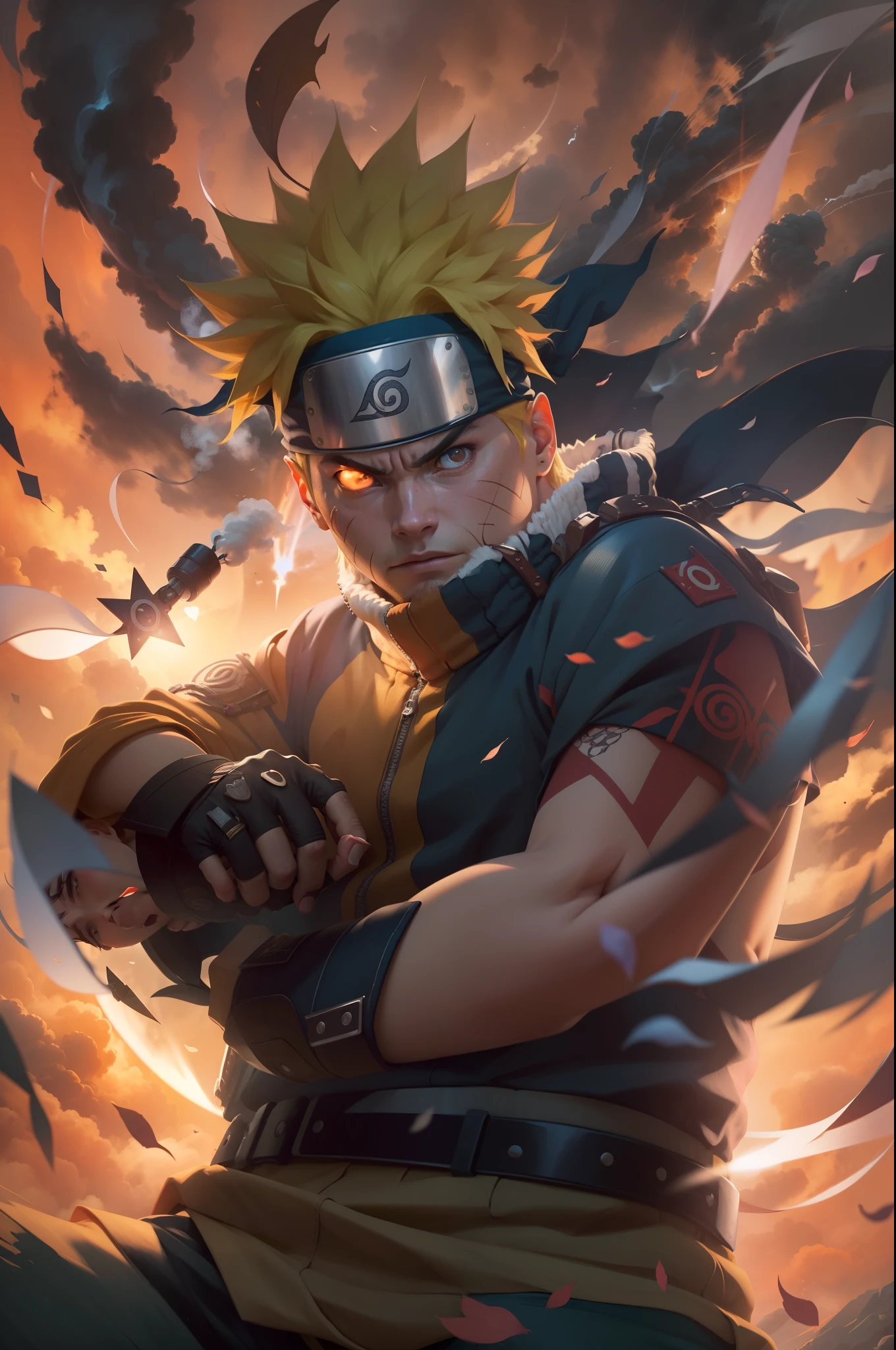 (best quality,4k,8k,highres,masterpiece:1.2),ultra-detailed,(realistic,photorealistic,photo-realistic:1.37),colorful,energetic,exciting,action-packed,heroic,Uzumaki Naruto's intense battle with his rival Sasuke in an epic ninja showdown,expressive and determined face,long spiky hair,fierce gaze,powerful aura,hand signs,flying kunai and shuriken,flashing lightning,surrounding smoke and debris,dynamic movements and fighting stances,dramatic lighting and shadows,dynamic perspective,bursting energy beams,clashing fire and water jutsus,flying leaves and sakura petals,ominous dark clouds and thunderbolts,hidden village emblem shining brightly on Naruto's forehead.