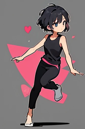 2d female character 10 years old full body with black semi short hair, pink sleeveless t-shirt and black lycra pants 