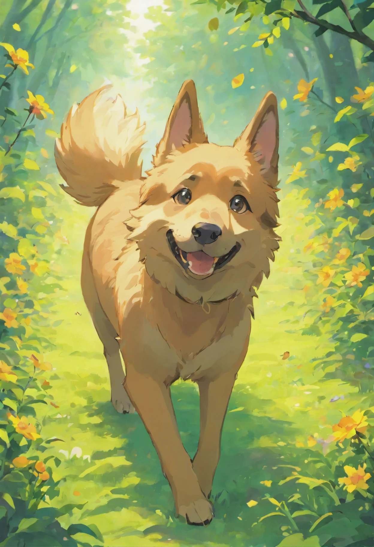 Generate a vivid and heartwarming illustration of a German Shepherd joyfully playing with a soccer ball in a vibrant, flower-filled garden. Ensure the image is in a 16:9 aspect ratio suitable for YouTube thumbnails or banners, and create it in a watercolor-style illustration. Capture the essence of the playful interaction between the dog and the ball, highlighting the pastoral beauty of the scene with the colorful blossoms in the background.