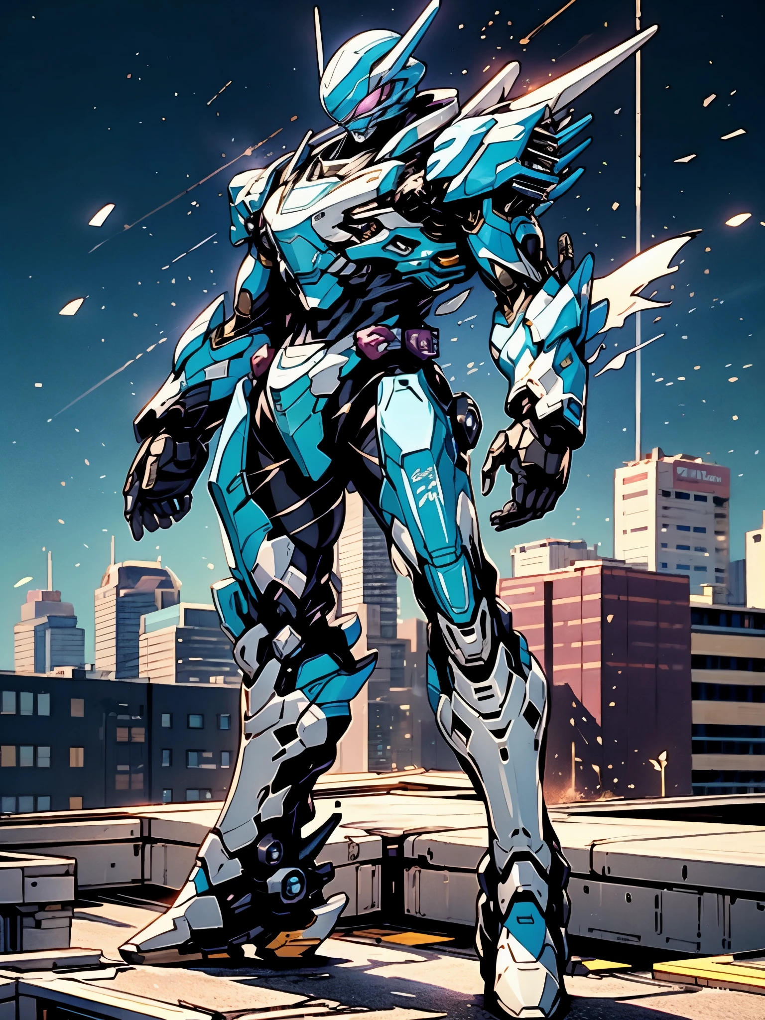 A super a high-tech biotech battle suit, standing on a rooftop, looking over the city, Japanese tokusatsu and American comic style, biometallic texture of the suit, sleek and shiny, dynamic, fast, natural light, cinematic, high quality, high resolution, high detail, sophisticated design, dramatic, high definition, ultra-detailed, ultra-fine painting, extremely delicate, creativity, Natural light, cinematic lighting, best shadow, masterpiece-anatomy-perfect