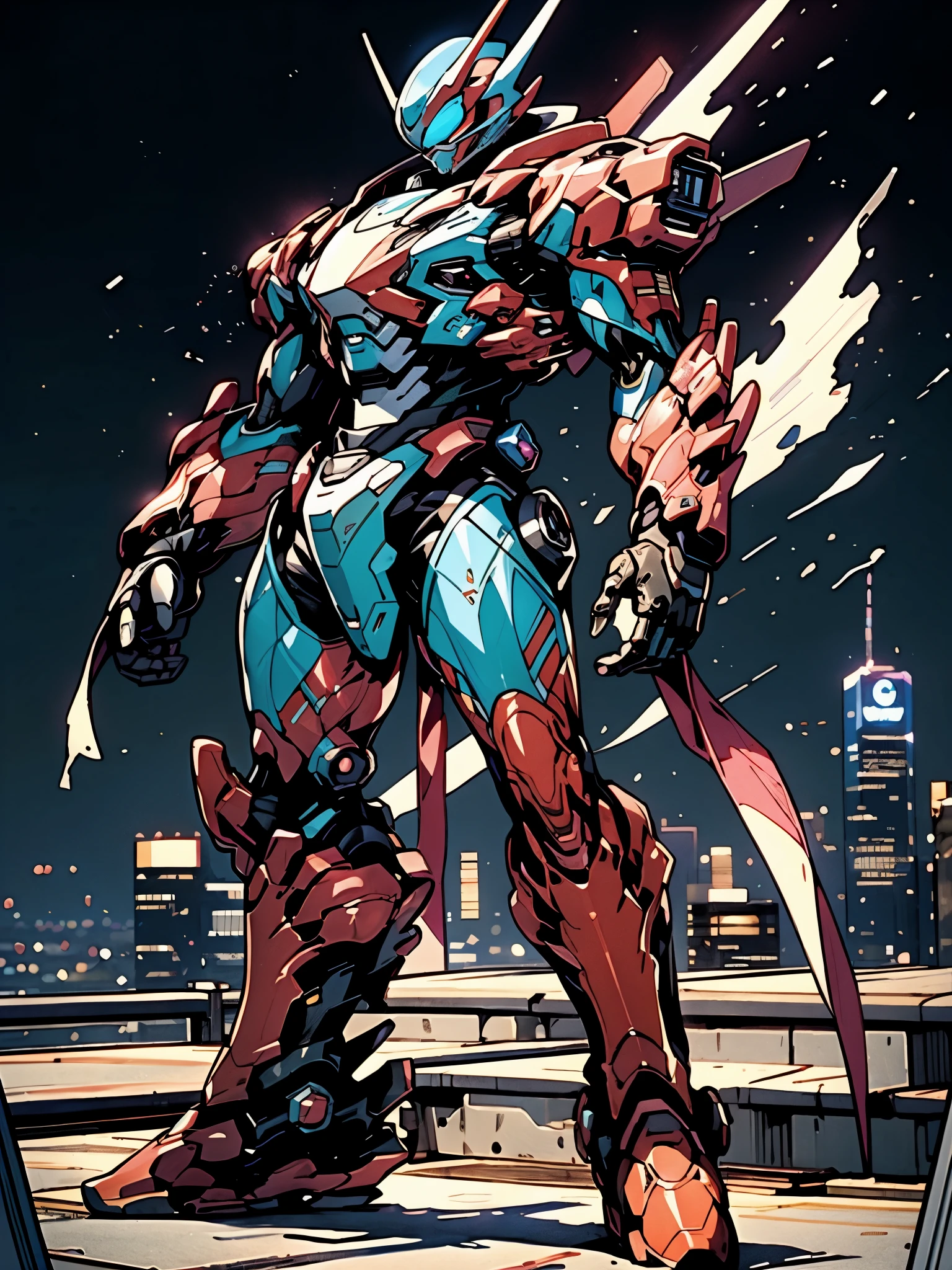 A super a high-tech biotech battle suit, standing on a rooftop, looking over the city, Japanese tokusatsu and American comic style, biometallic texture of the suit, sleek and shiny, dynamic, fast, natural light, cinematic, high quality, high resolution, high detail, sophisticated design, dramatic, high definition, ultra-detailed, ultra-fine painting, extremely delicate, creativity, Natural light, cinematic lighting, best shadow, masterpiece-anatomy-perfect