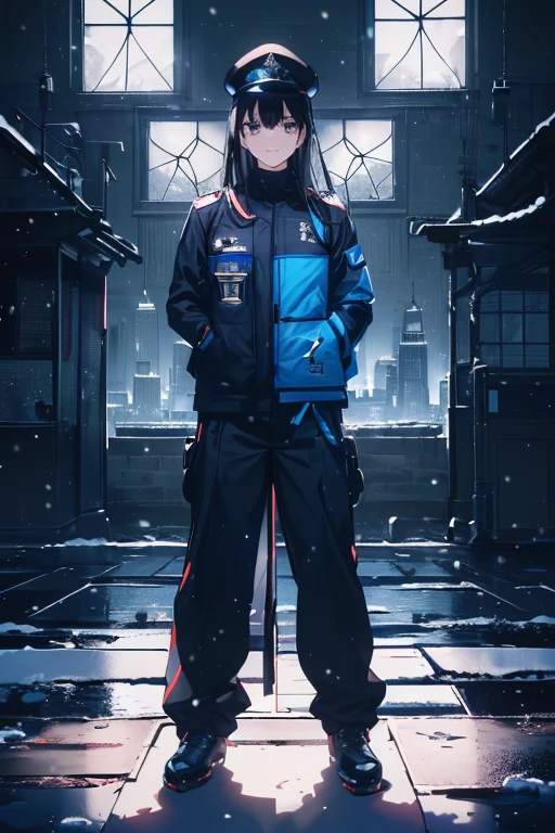 ((masterpiece, best quality, ultra high resolution)), (((two men))), Are standing, confident attitude, (((((police officer, wearing a blue police uniform, Police Unifrom)))), (((wearing a beat cop hat))), (black, black beat cop hat), (((black hair, dark black hair))), cut long hair, white skin, ((brown eye)), shine_eye, neon eye, (ultra detailed eye:0.7, beautiful and detailed face, detailed eye:0.9), ((Centered)), smile, ((wide shot)), viewer facing forward, eyeの高さ, ((vibrant background, snowy landscape, cityscape, snowing, snow)), flat chest, view viewer, ((half closed eye)), ((perfect hands)), ((head:1, armored weapons, hip, elbow, in view:1)), (((put your hands behind your back))), empty eye, beautiful lighting, outside, 屋outside, background, defined subject, (25 years old), (head tilt), (((amazing))), (((nice))), ((face with shadow))