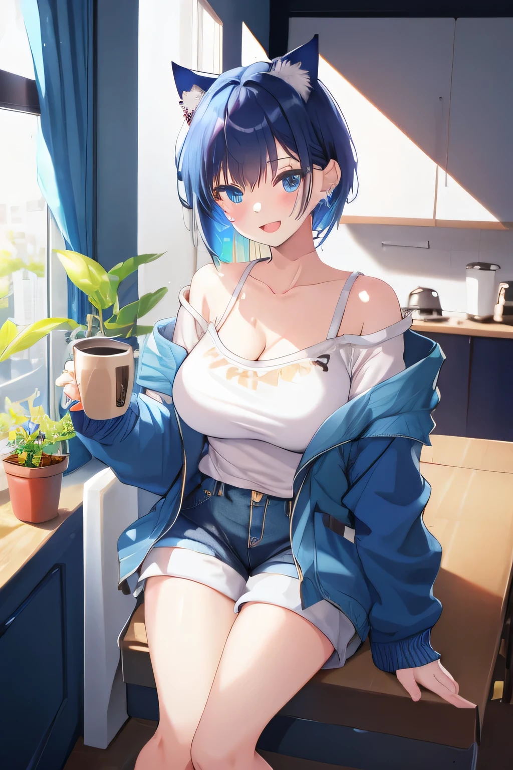 -galgame style, 1girl, blue hair, blue cat ears, solo, short hair, indoors, cup, white shorts, looking at viewer, plant, smile, blue eyes, open mouth, kitchen, shorts, holding, coffee, potted plant, breasts, mug, blush, camisole, collarbone, coffee mug, jacket, earrings, jewelry, off shoulder, bangs, :d, holding cup, bare shoulders, open clothes