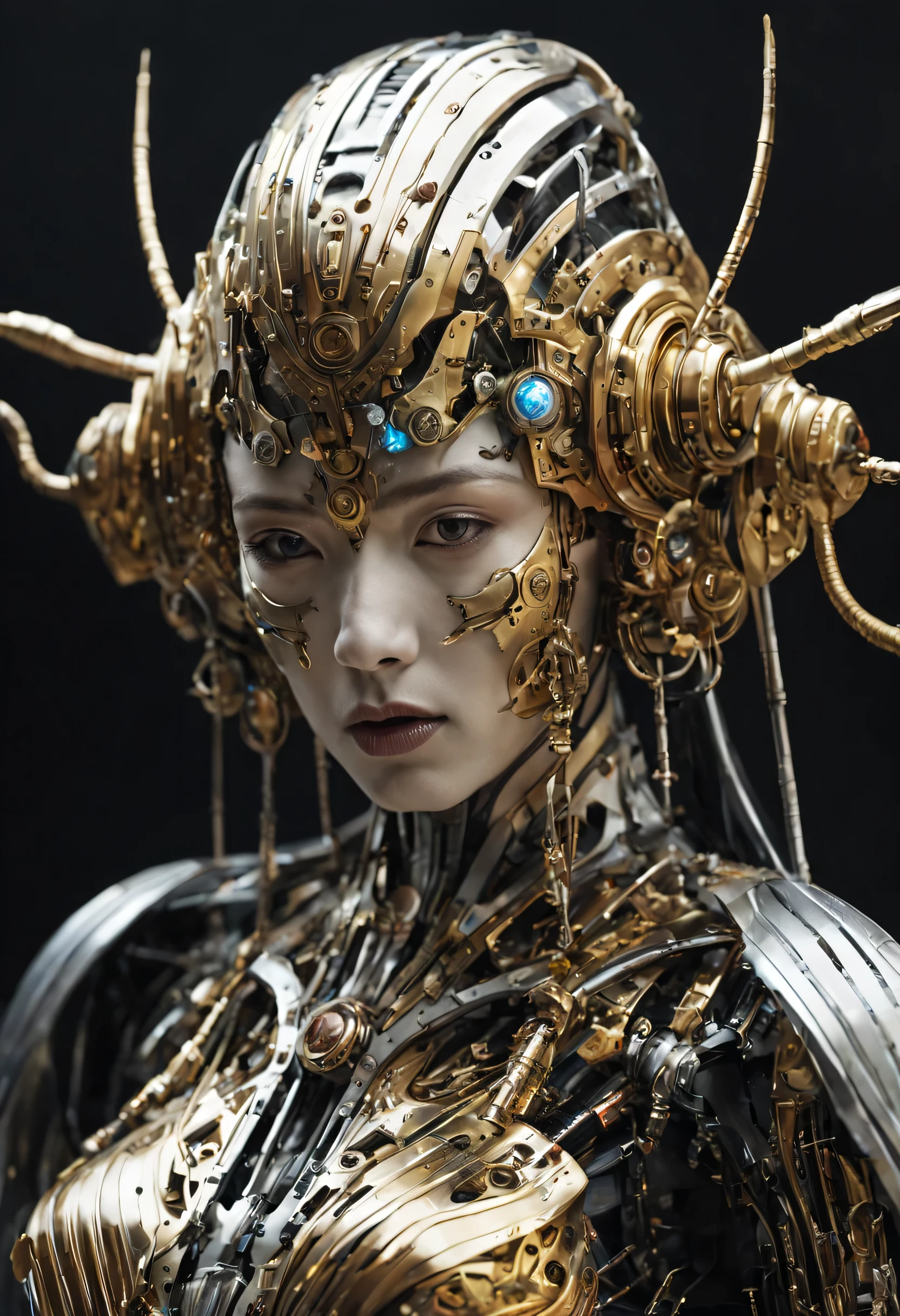 Futuristic native futurism, Actress Zhao Lusi plays the high-level cybernetic cyborg, big breasts, the Japanese goddess of war, sensuality, Artistic details, Cyberpunk Chinese mythology, Epic science fiction fantasy, Centered, In the style of Nick Alm's fantasy futuristic fantasy works, Dark prism, Dark, Metal composition, symmetrical arrangements, Iridescent metallic , distinctive noses, Ethereal, Blood splattered multicolored, eye-catching metallic compositions, Symmetrical geometry, distinctive noses, gothic references, With bold lines and black stripes, White, Red, Gold and silver, Fantasy science fiction art, a detailed painting, ,Alex Alemanni merges with Carol Barker