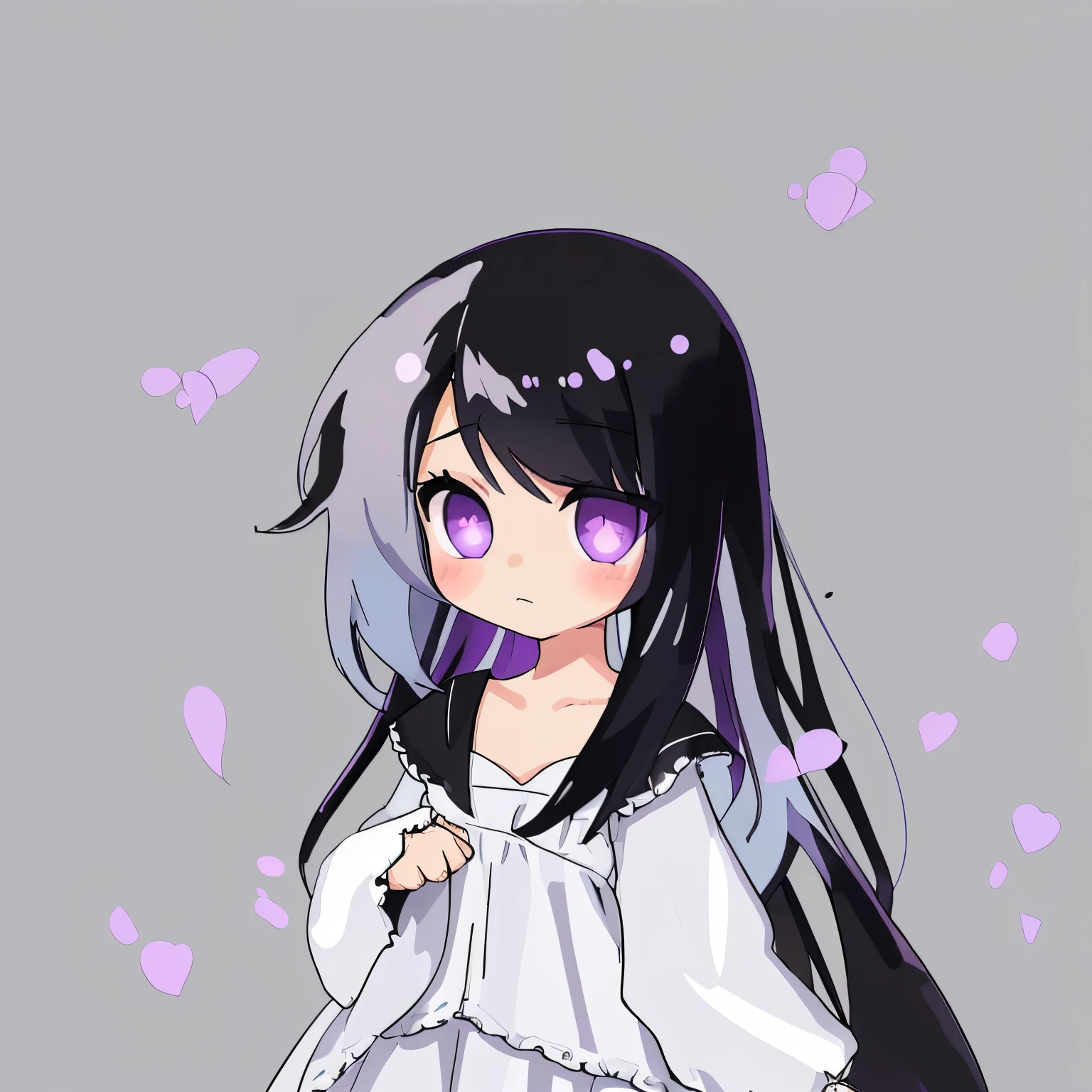 anime style girl, purple eyes, long black hair, chibi, chibi character, white dress