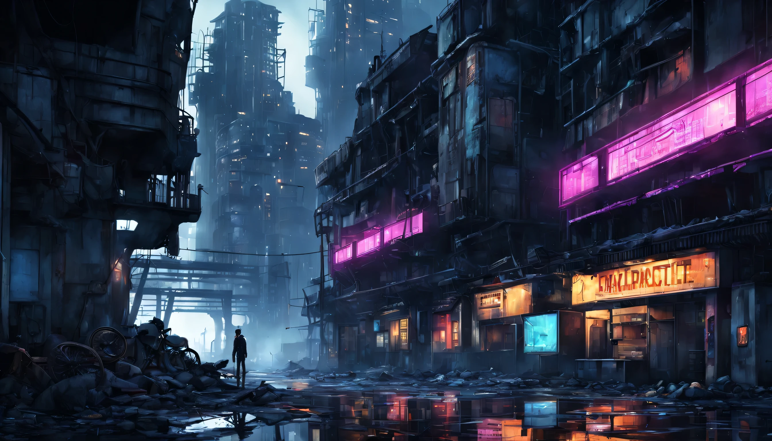 (best quality,highres,ultra-detailed:1.2),dark futuristic city,neon lights,sci-fi architecture,hovering vehicles,shadows,glowing signs,abandoned buildings,artificial intelligence,grim atmosphere,post-apocalyptic,nighttime,industrial,metropolis,steel structures,high-rise buildings,streets,alleys,steam rising,desolate,ominous,technology,advanced,moody lighting,mystery,contrast,vivid colors,night sky,reflection,urban,gritty,haunting,unsettling,urban decay,otherworldly,quiet streets,uninhabited,isolated,lonely,empty,transcendent,vibrant city life,megacity,bleak,concrete jungle,unreal

