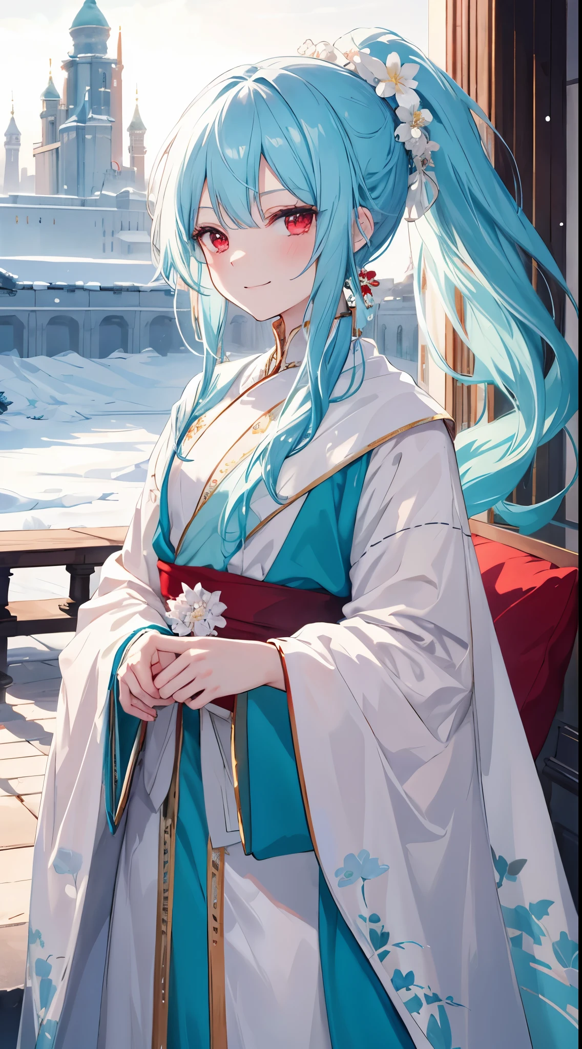 [[[ ultra-detailed, best quality, soft skin, beautiful, 4K]]] high definition, cyan hair, silky hair, red eyes, long hair, ponytail, royal clothes, fit body, snowy palace, white flower hairpin, princess, smirking