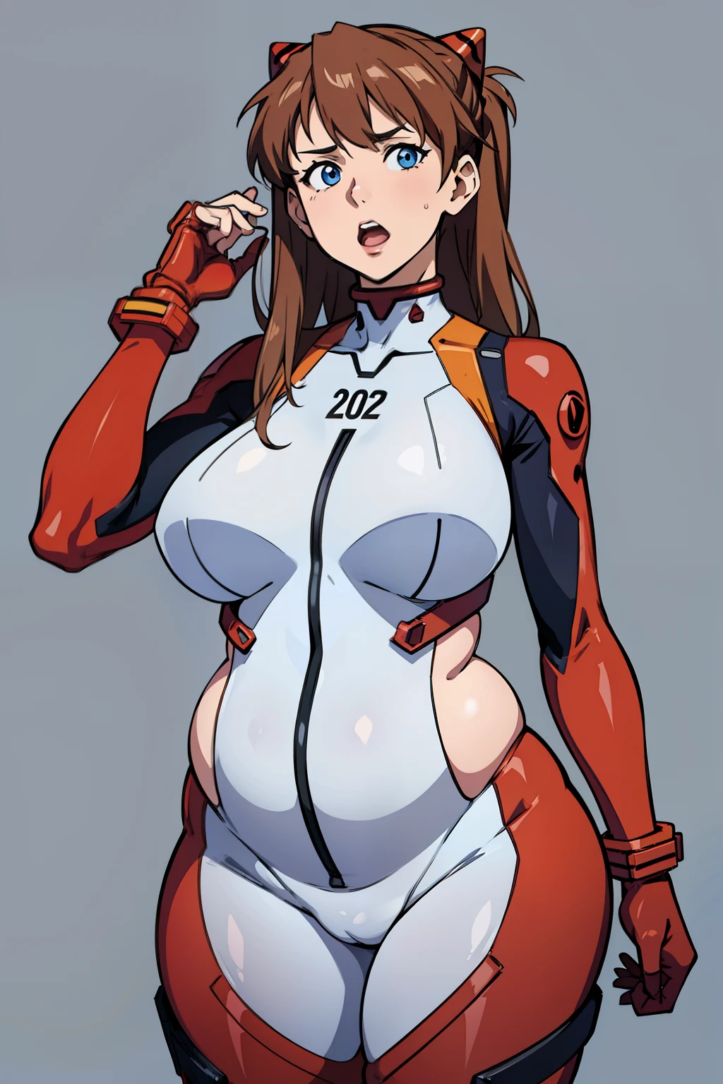 souryuu asuka langley, bodysuit, brown hair, rebuild of evangelion, 1girl, large breasts, (overweight:1.3), red bodysuit, simple background, solo, (obesity:1.3), ((fat folds)), puffy face, ((fat rolls, fat belly)), neon genesis evangelion, lips, highres, looking at viewer, blue eyes, open mouth, interface headset,