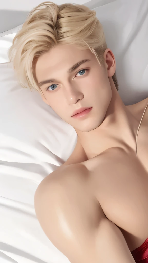 Portrait of a 16 year old young man, shirtless, blushing, blonde, in bed, red velvet, handsome supermodel, Greek profile, Greek face, strong jaw, white skin, extremely pale skin, attractive boy, blonde boy, cinematographic, best quality, sharpness, focus on the boy, anatomical perfection, golden ratio, open legs, red underwear, bluge, perfect anatomy, perfect symmetry, facial symmetry, body symmetry