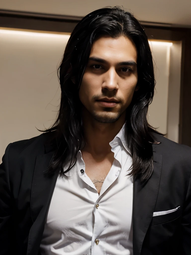 handsome man, long black hair, ASEAN, cool, Sharp eyes, Tall, Masterpiece, best quality, fit