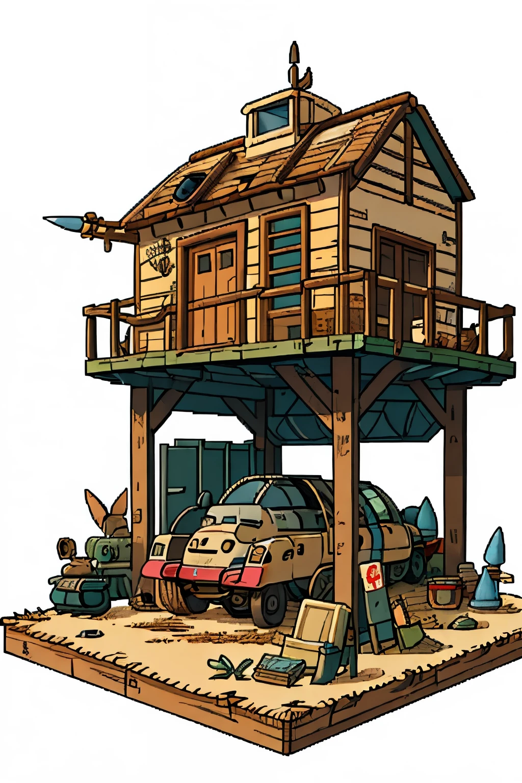 pixel,the girl writes,wanderer in robes, in the cabin of the plane,Small wooden table,sitting on a wooden chair, ruined area, (destroyed house), (sharp iron spikes, tires,barbed wire,Masked wanderer, Reading,potted plant,spear sticks behind your back,((apocalypse style garage,buggy)),sand,White background,(((large iron military hangar)))