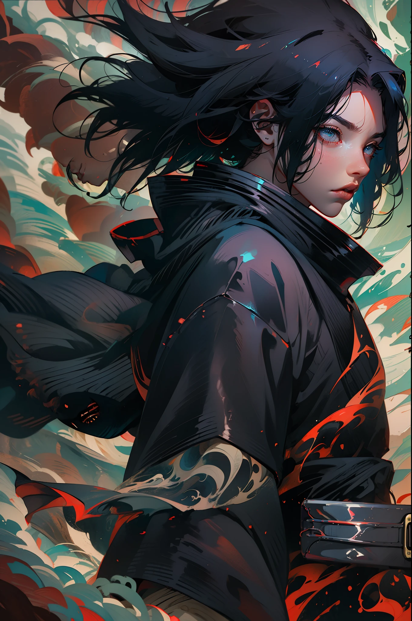 (best quality,highres,realistic:1.2),Uchiha Sasuke,masterpiece,anime,portrait,dark,vivid colors,sharingan,black hair,long and straight hair,expressive eyes,piercing gaze,serious expression,stoic,cool and calm,red and white Uchiha crest on the back,shoulder-length hair,black cloak with high collar and red clouds,traditional Japanese clothing,katana in hand,standing in a dramatic pose,amidst swirling black flames,background of thunderstorm and dark clouds,post-battle scene,strong lighting casting shadows,crackling lightning,haunting atmosphere,sharp focus,extreme detail description