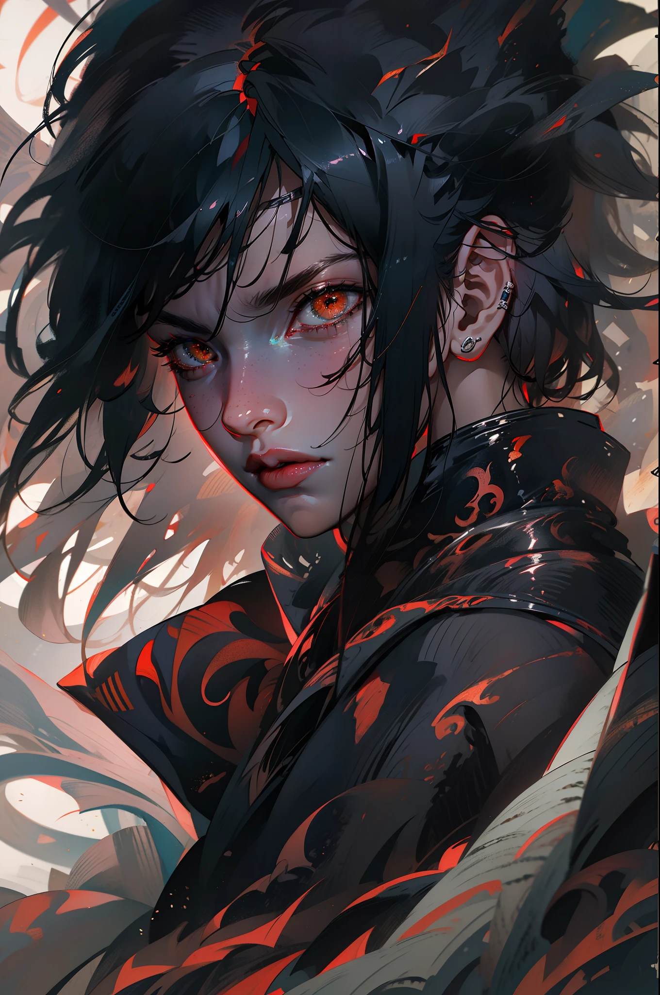 (best quality,highres,realistic:1.2),Uchiha Sasuke,masterpiece,anime,portrait,dark,vivid colors,sharingan,black hair,long and straight hair,expressive eyes,piercing gaze,serious expression,stoic,cool and calm,red and white Uchiha crest on the back,shoulder-length hair,black cloak with high collar and red clouds,traditional Japanese clothing,katana in hand,standing in a dramatic pose,amidst swirling black flames,background of thunderstorm and dark clouds,post-battle scene,strong lighting casting shadows,crackling lightning,haunting atmosphere,sharp focus,extreme detail description