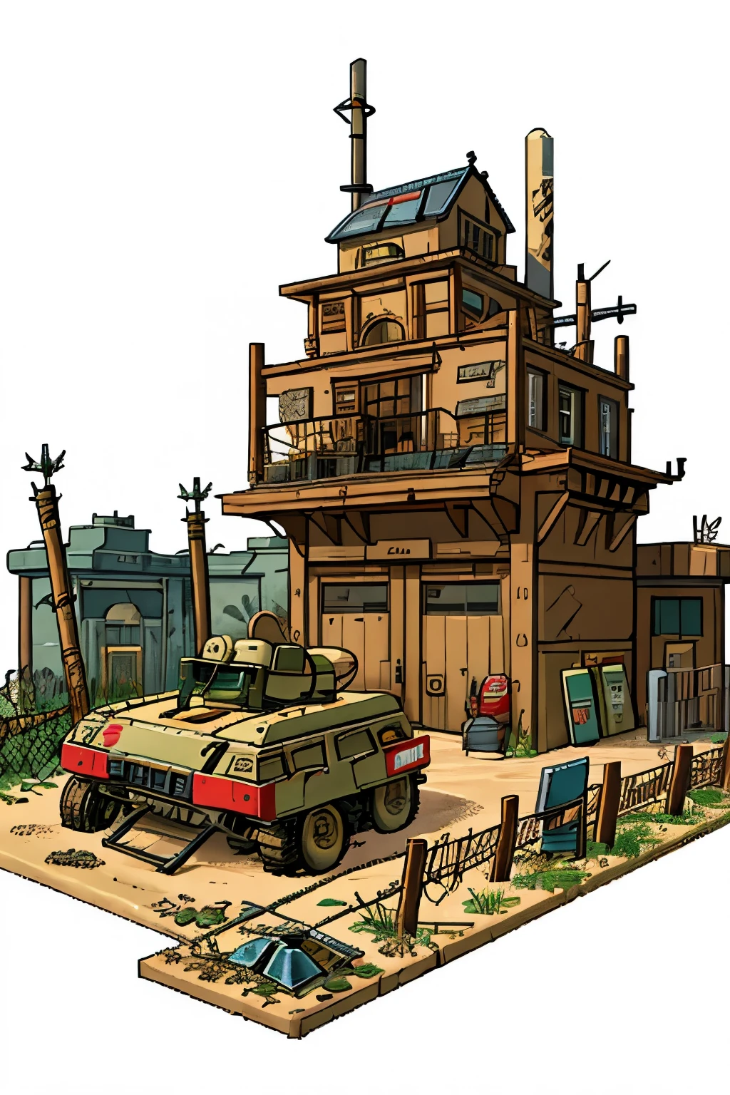 pixel,the girl writes,wanderer in robes, in the cabin of the plane,Small wooden table,sitting on a wooden chair, ruined area, (destroyed house), (sharp iron spikes, tires,barbed wire,Masked wanderer, Reading,potted plant,spear sticks behind your back,((apocalypse style garage,buggy)),sand,White background,(((big iron military , bridge, hangar)))