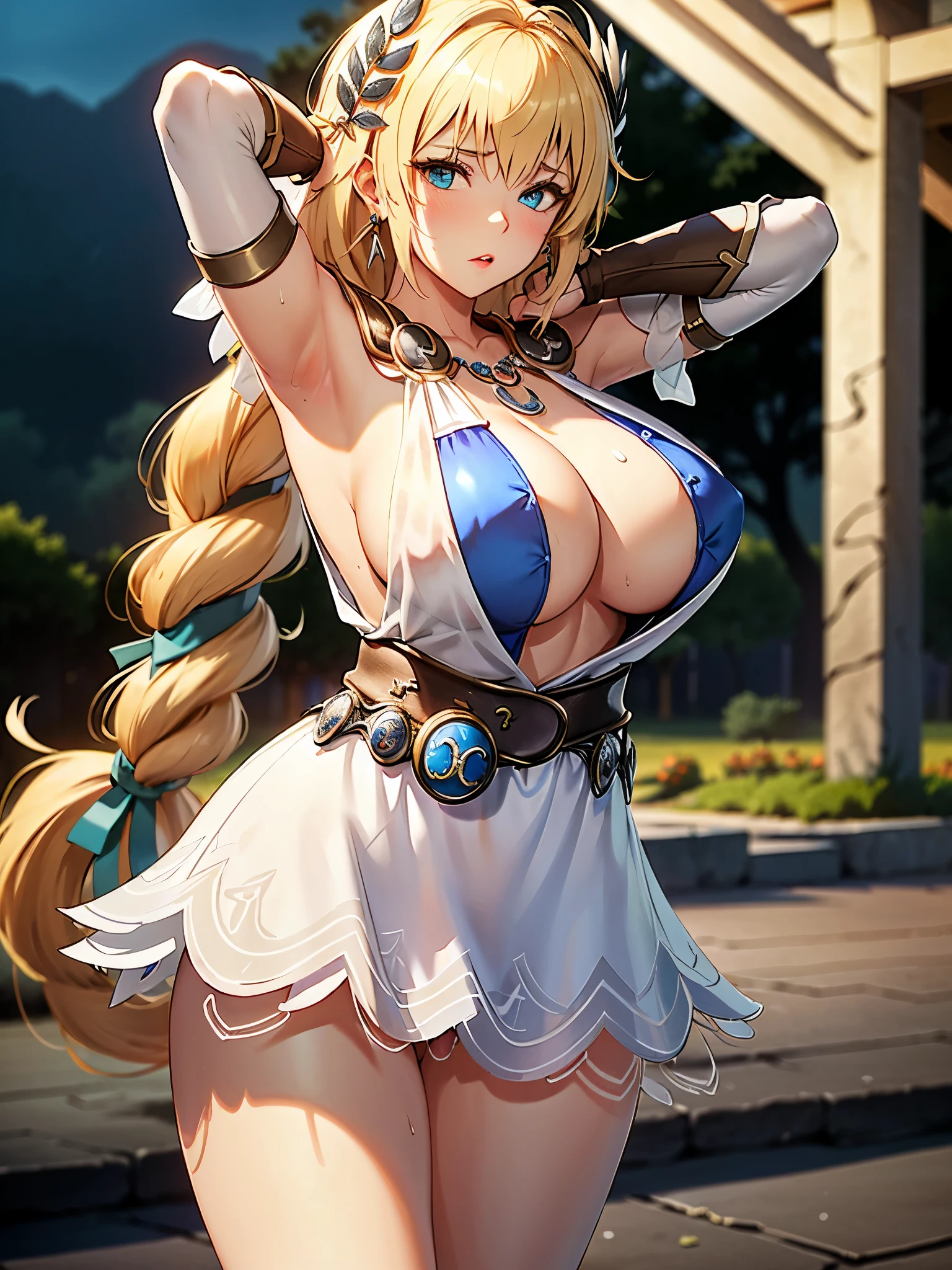 full nude,Armpit show,(muste piece:1.4),(best quality:1.4),(disorganized:1.4),pin up, Sophitia_whiteone piece_Aiwife, Sophitia_whiteone piece_Aiwife,blonde hair,large breasts,long hair,Mitsuami,eyes are blue,Jewelry is,arms,There is a cleavage in the chest,Sword Art,exterior,sheild,珰,single Mitsuami,one piece,belt bag,See-through,covered nipples,exteriored one piece,Big breasts that are about to burst,hair ornament,white one piece,holding arms,very long hair,new lips,bare shoulders,bangs,gloves,Hair Ribbon,necklace,Skirt,clavicle,Feathers,reveal clothes,armlet,elbow gloves,greek clothing,Mitsuamied ponytail, (disorganized, High resolution, Unbelievably_disorganized:1.4),Scenery,muste piece,laurel wreath,midnight,vaginal,sex,woman on top,cum in pussy,sweat,girl trembling with sexual climax,breast milk,arms behind head,spread legs,ahegao,orgasm 