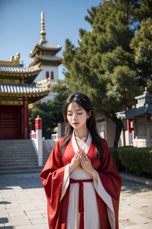 An Oriental girl around 25 years old,dress appropriately。Stand in front of the temple,Wearing a light red robe,without hat,Wearing red and green agate around the neck,Wearing a faint smile on the face,Pray with eyes closed sincerely