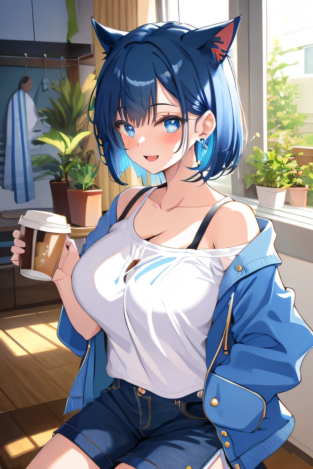 -galgame style, 1girl, blue hair, blue cat ears, solo, short hair, indoors, cup, white shorts, looking at viewer, plant, smile, blue eyes, open mouth, kitchen, shorts, ((holding coffee)), potted plant, breasts, blush, camisole, collarbone, jacket, earrings, jewelry, off shoulder, bangs, bare shoulders, open clothes