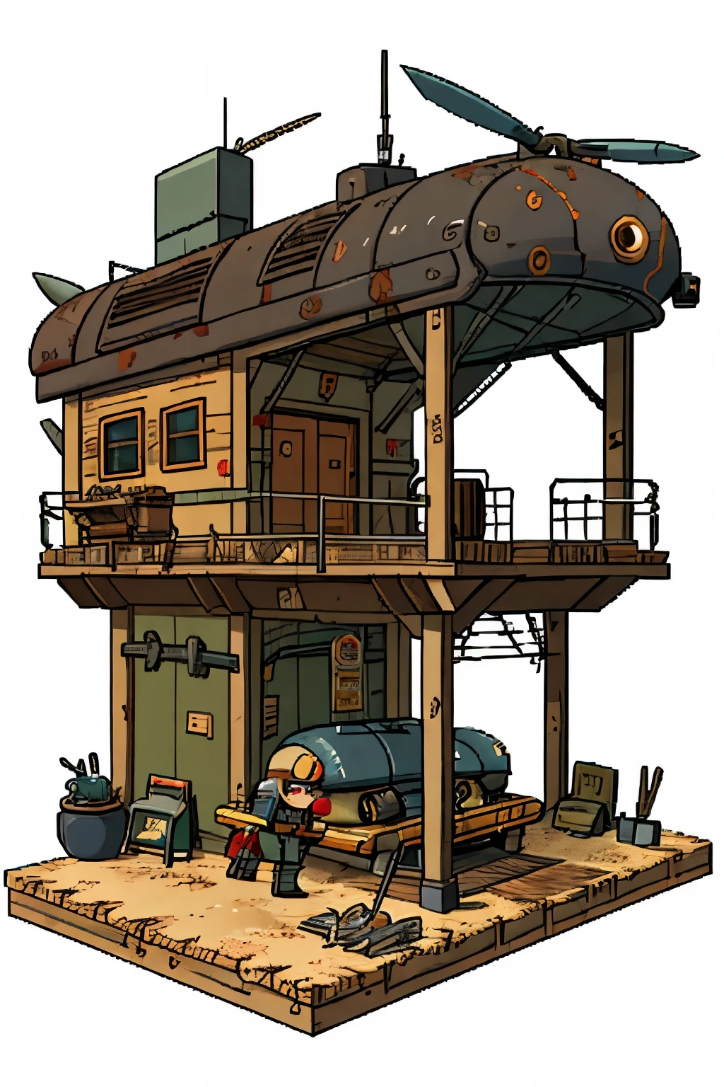 pixel,the girl writes,wanderer in robes, in the cabin of the plane,Small wooden table,sitting on a wooden chair, ruined area, (destroyed house), (sharp iron spikes, tires,barbed wire,Masked wanderer, Reading,potted plant,spear sticks behind your back,((apocalypse style garage,buggy)),sand,White background,(((big iron military , bridge, hangar)))