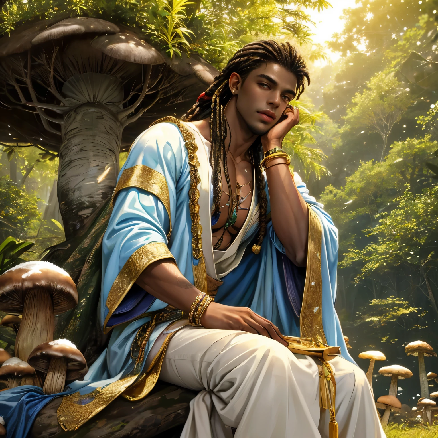 (absurdres, highres, ultra detailed, HDR), masterpiece, best quality, 1boy, (dark-skinned Haitian man), long white cornrows, stubble, handsome face, yellow eyes, prince from snow white, (handsome(from below:1.1)) detailed exterior, detailed character, wearing open flowing multi-colored alchemist's robe with sleeves rolled up revealing magic rune tattooed forearms, wearing large chunky jeweled magical bracelets, sitting on large shiitake mushroom outside in dense cannabis indica tree forest during golden hour atmosphere